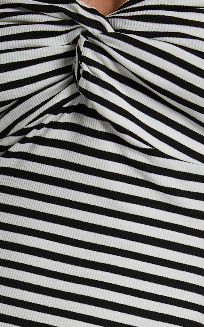 Aravis Midi Dress - Twist Detail Strapless Dress in Black and White Stripe