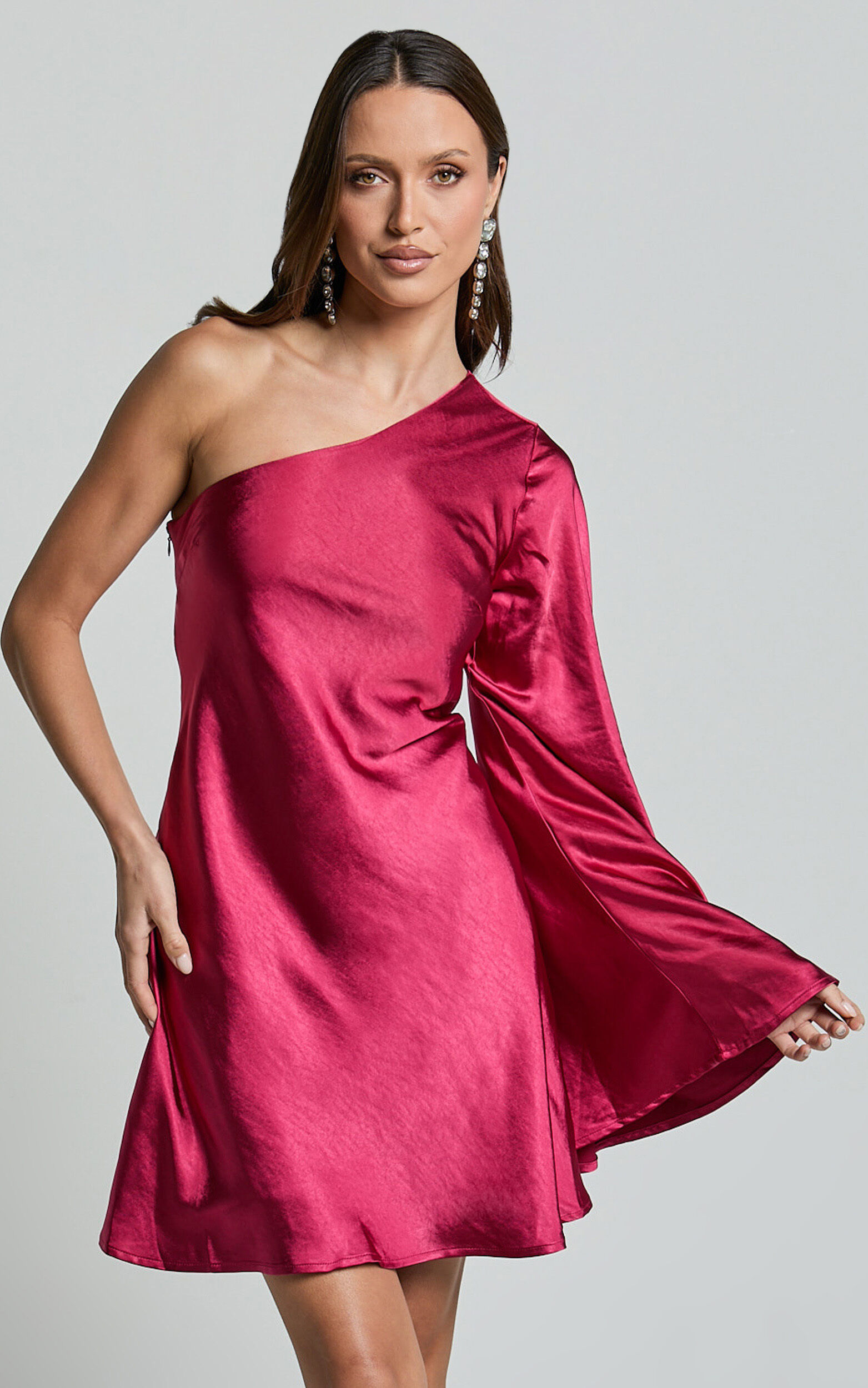 Karla Mini Dress - One Shoulder Long Sleeve Dress in Berry