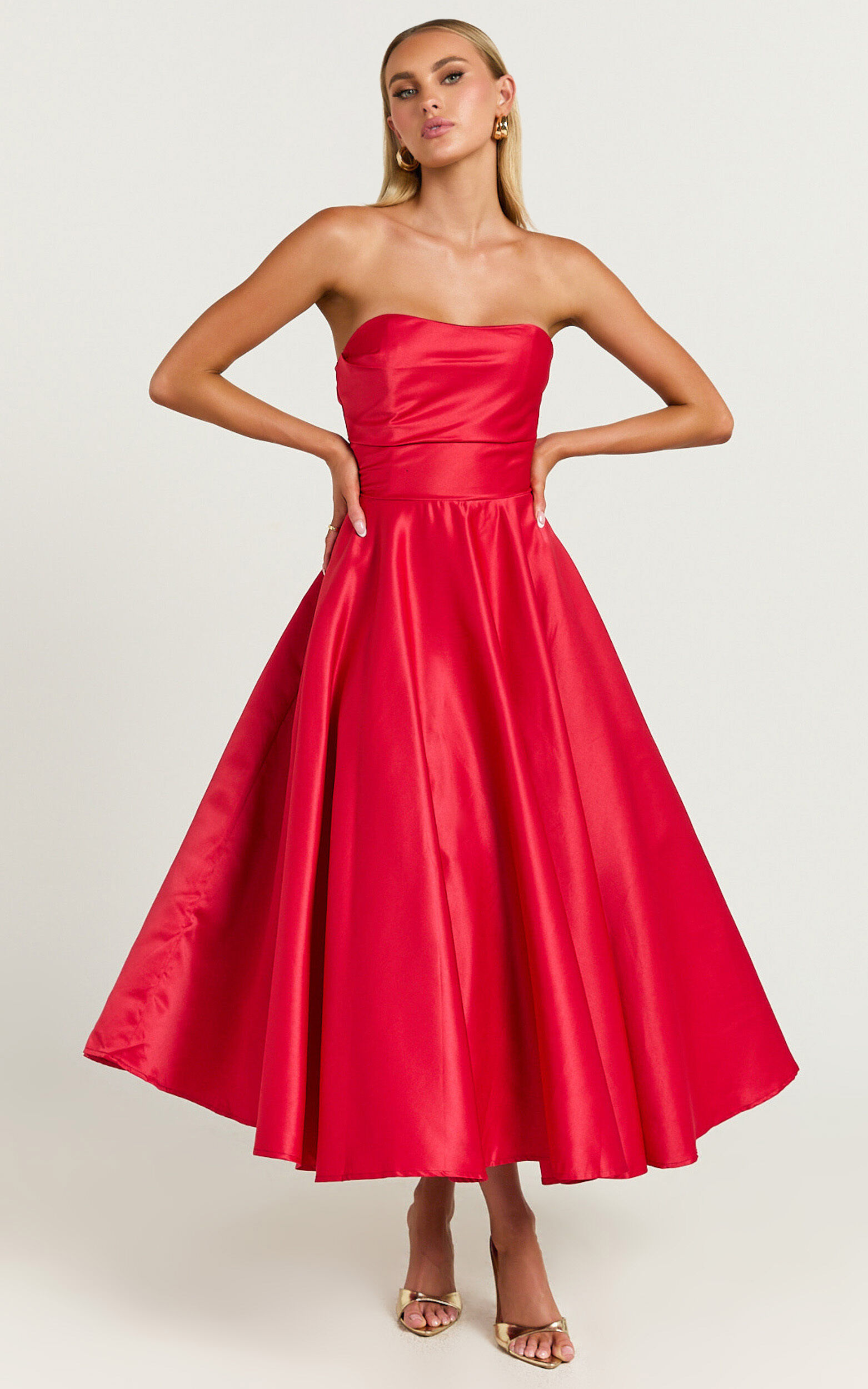 Helaina Midi Dress - Strapless A-Line Satin Dress in Red
