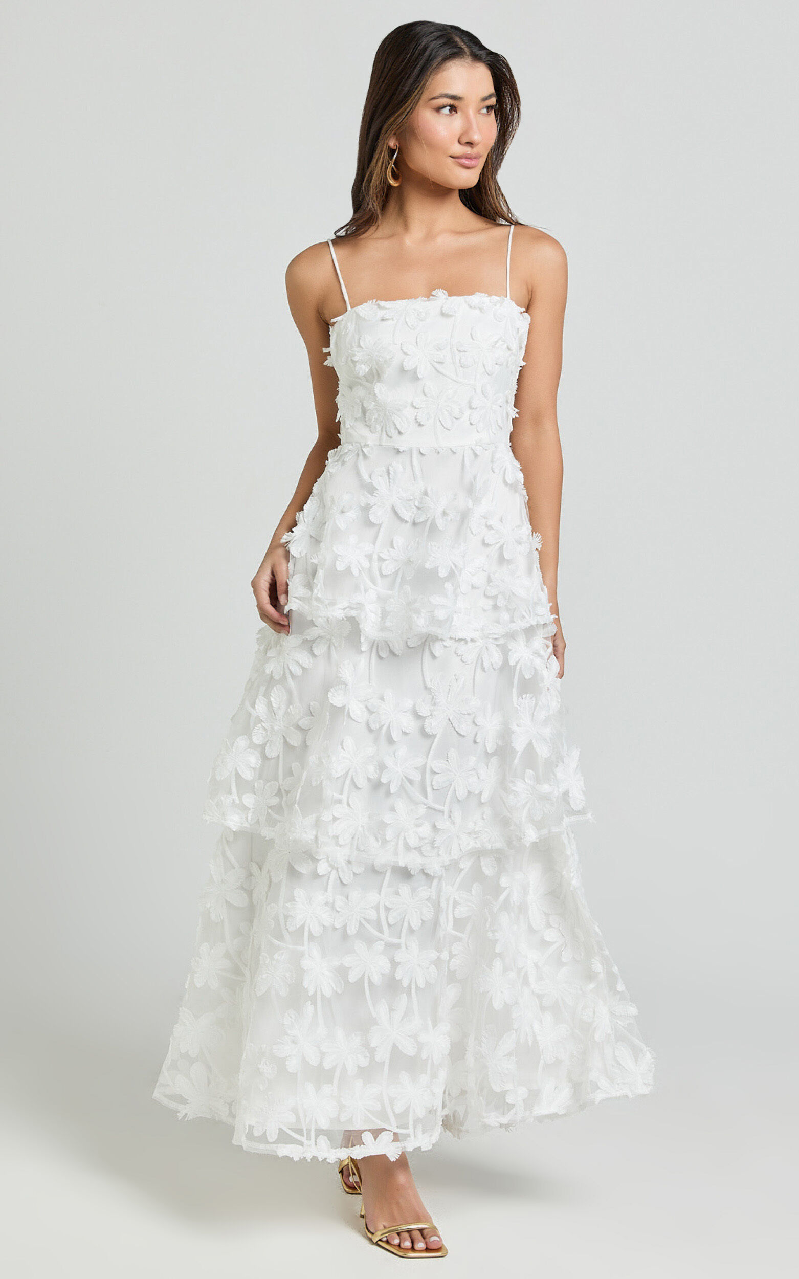 Cecilia Midi Dress - Strappy Straight Layered Dress in White