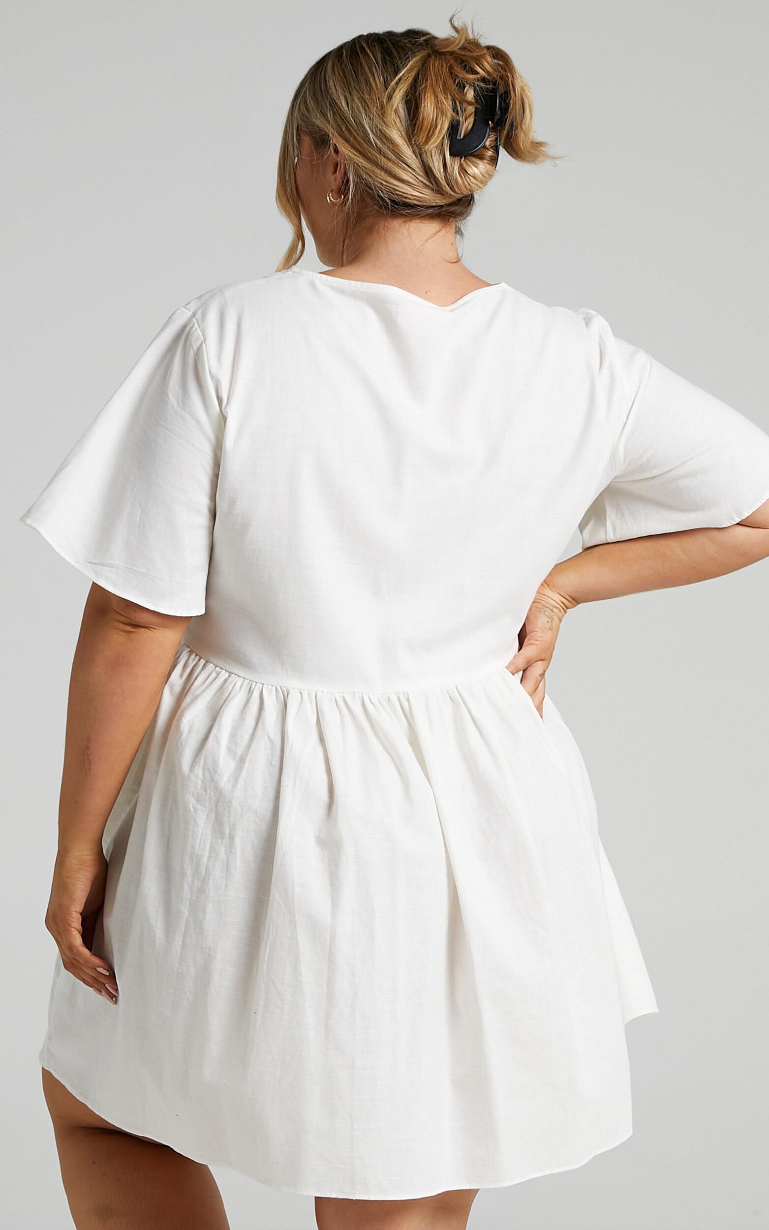 Staycation Mini Dress - Smock Button Up Dress in White