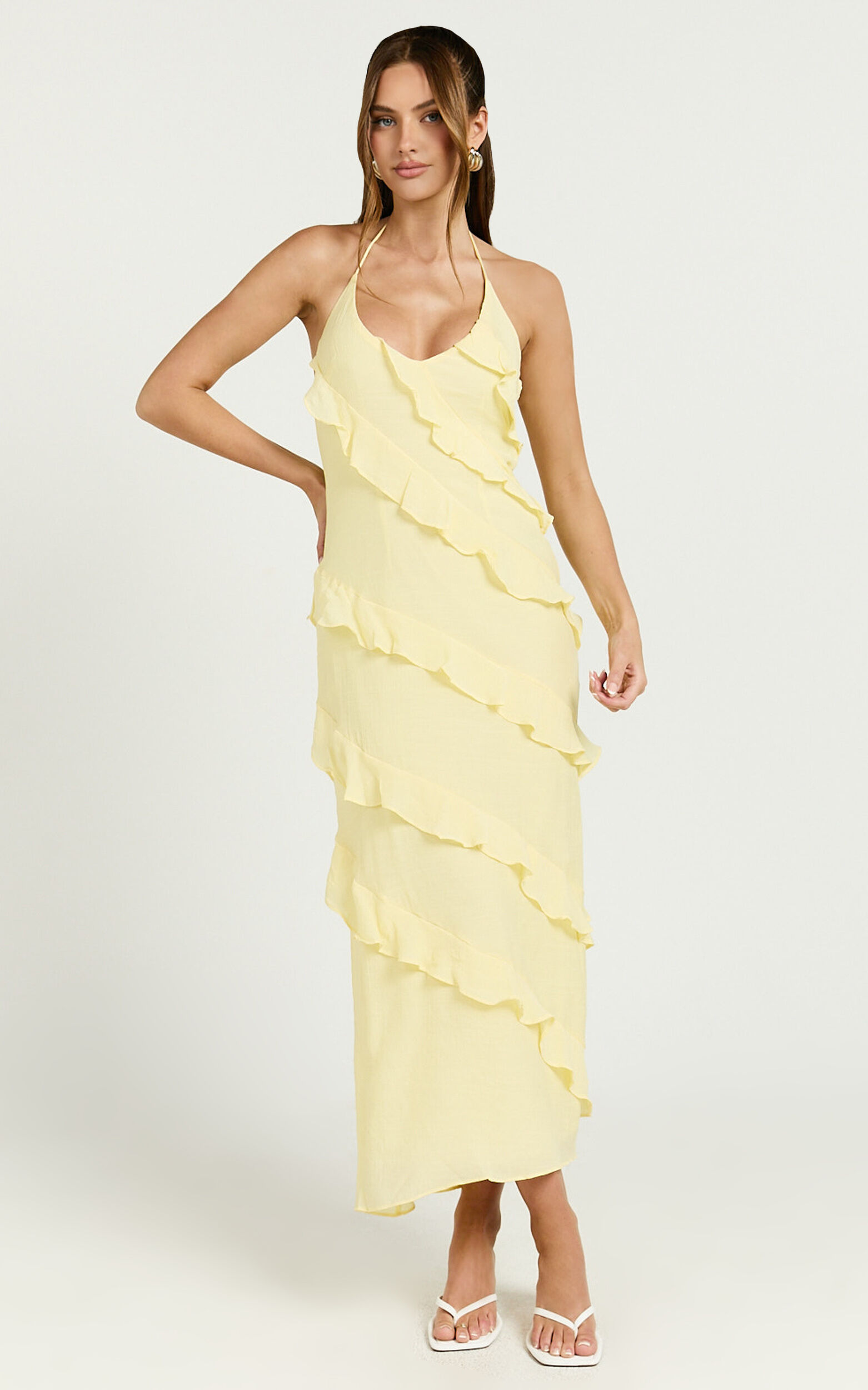 Brayden Midi Dress - V Neck Ruffle Dress in Lemon