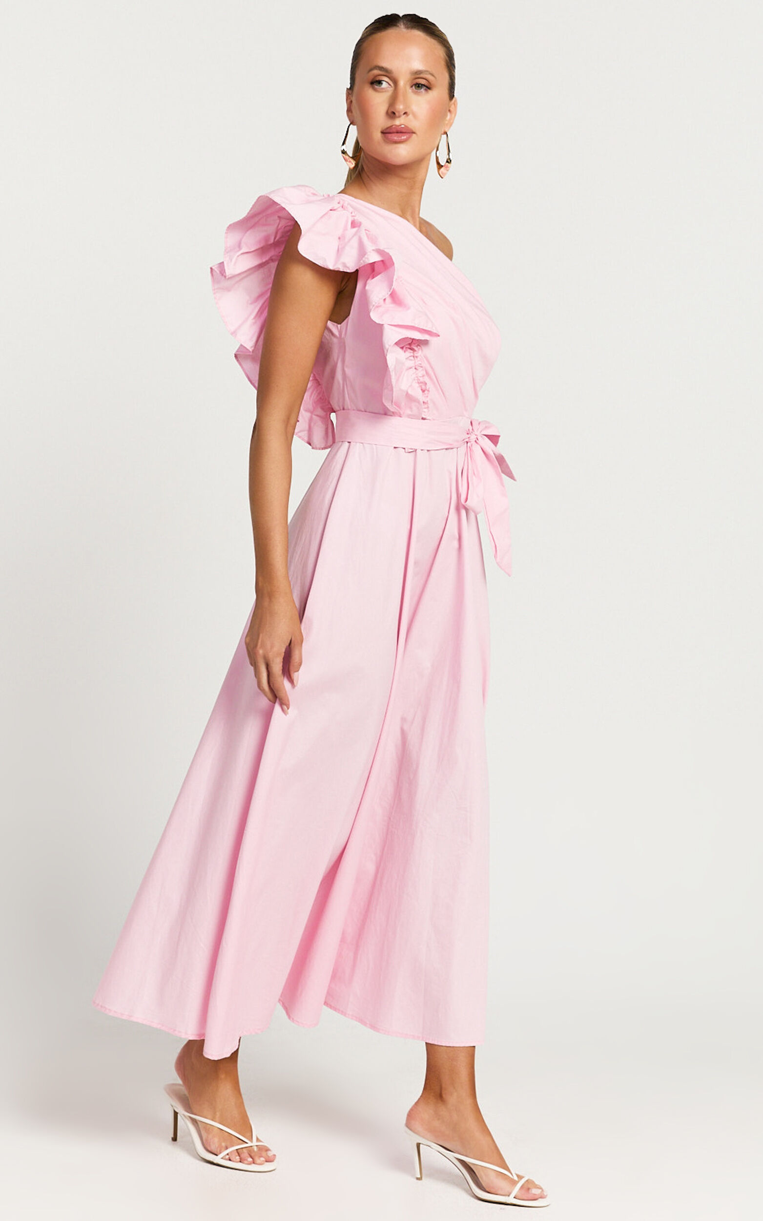 Almeida Midi Dress - One Shoulder Ruffle Detail Belted Dress in Pink