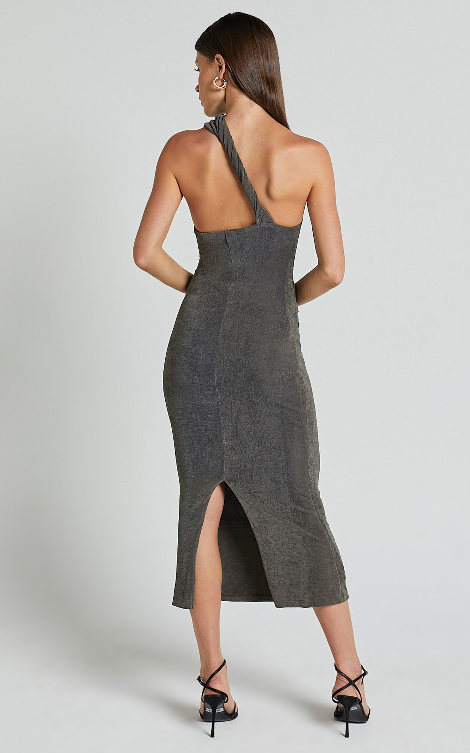 Arietty Midi Dress - One Shoulder Asymmetrical Ruched Dress in Olive