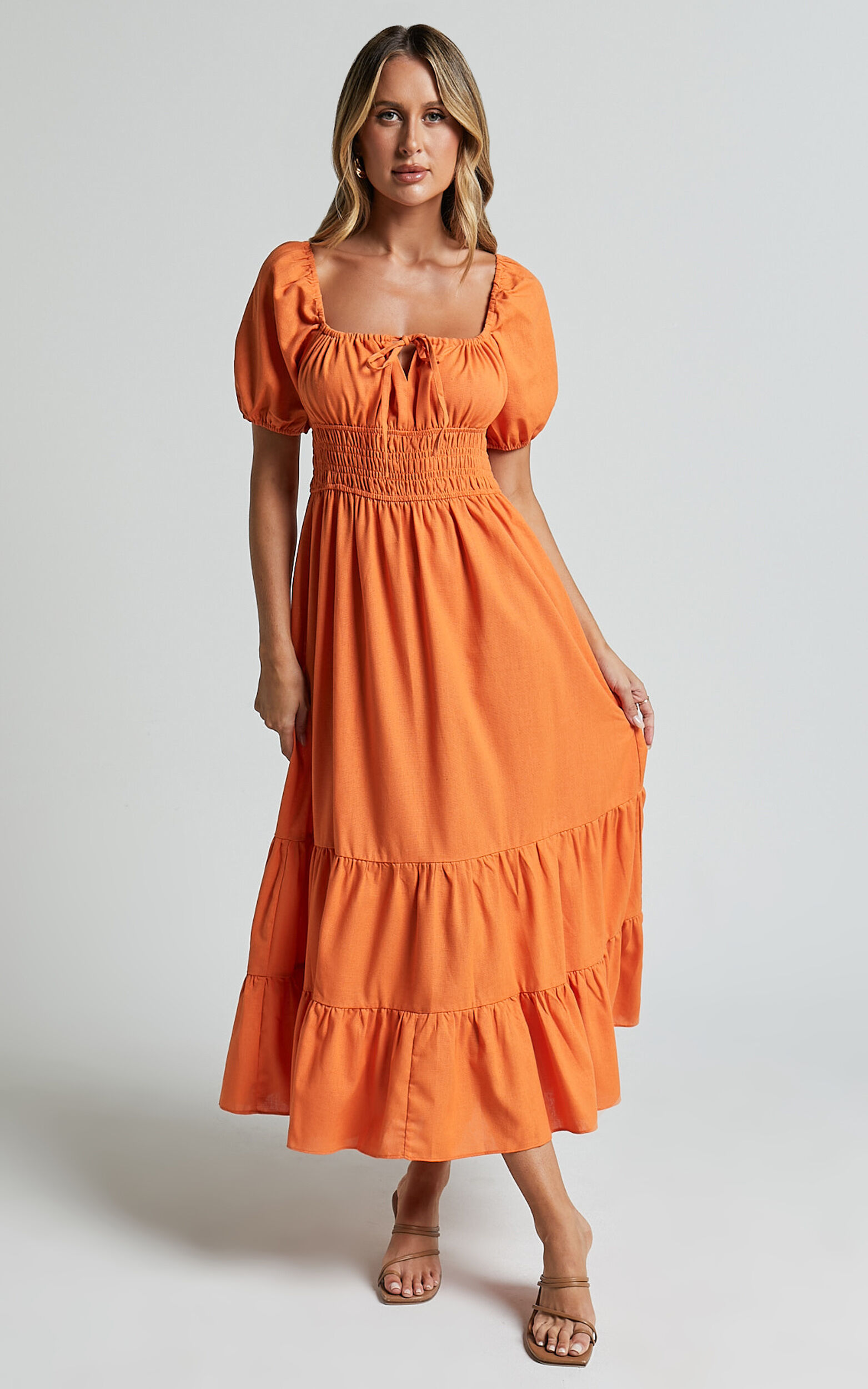 Claritza Midi Dress - Linen Look Short Puff Sleeve Square Neck Tiered Dress in Sherbert