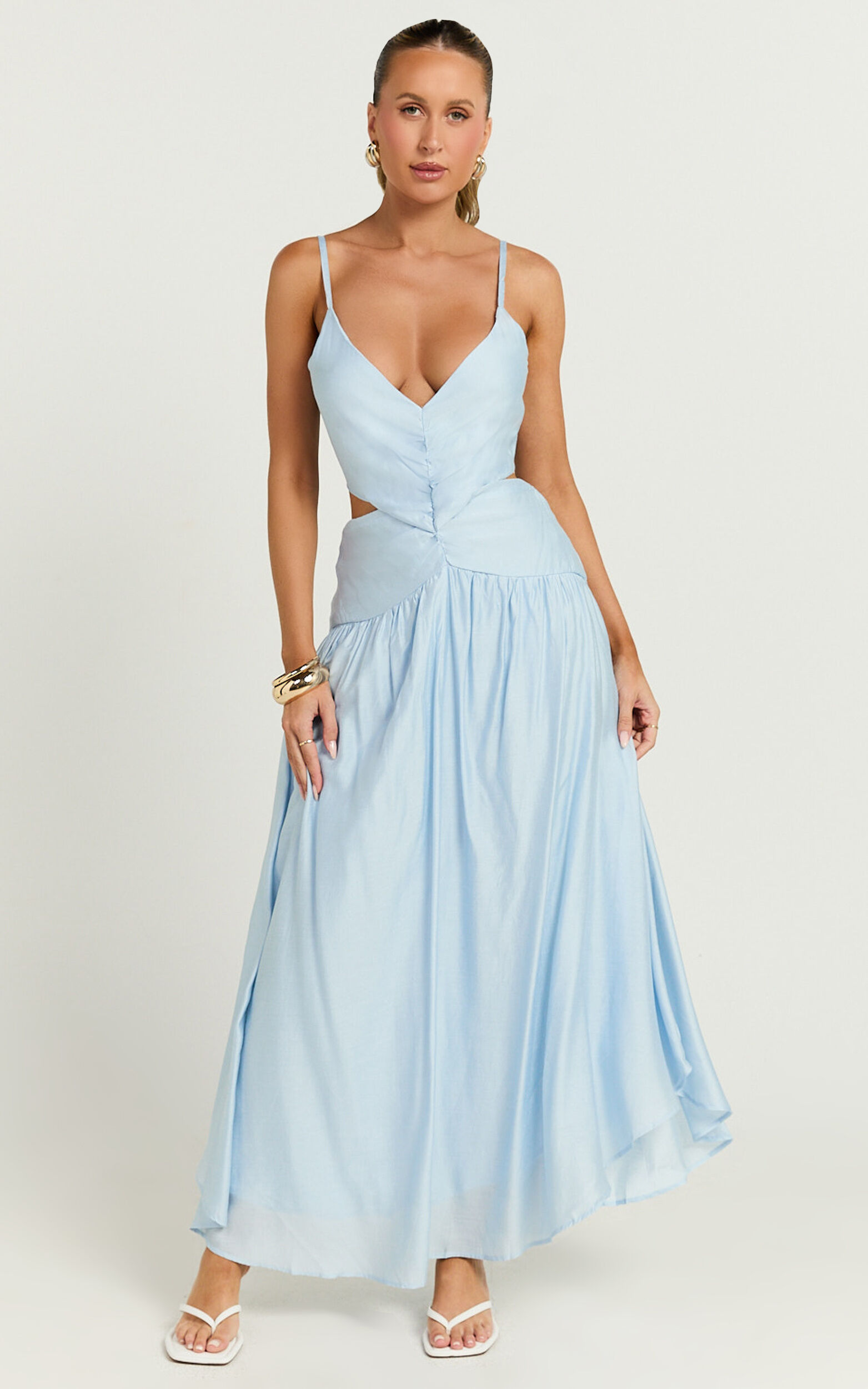 Edlyn Midi Dress - V Neck Side Cut Out Dress in Blue