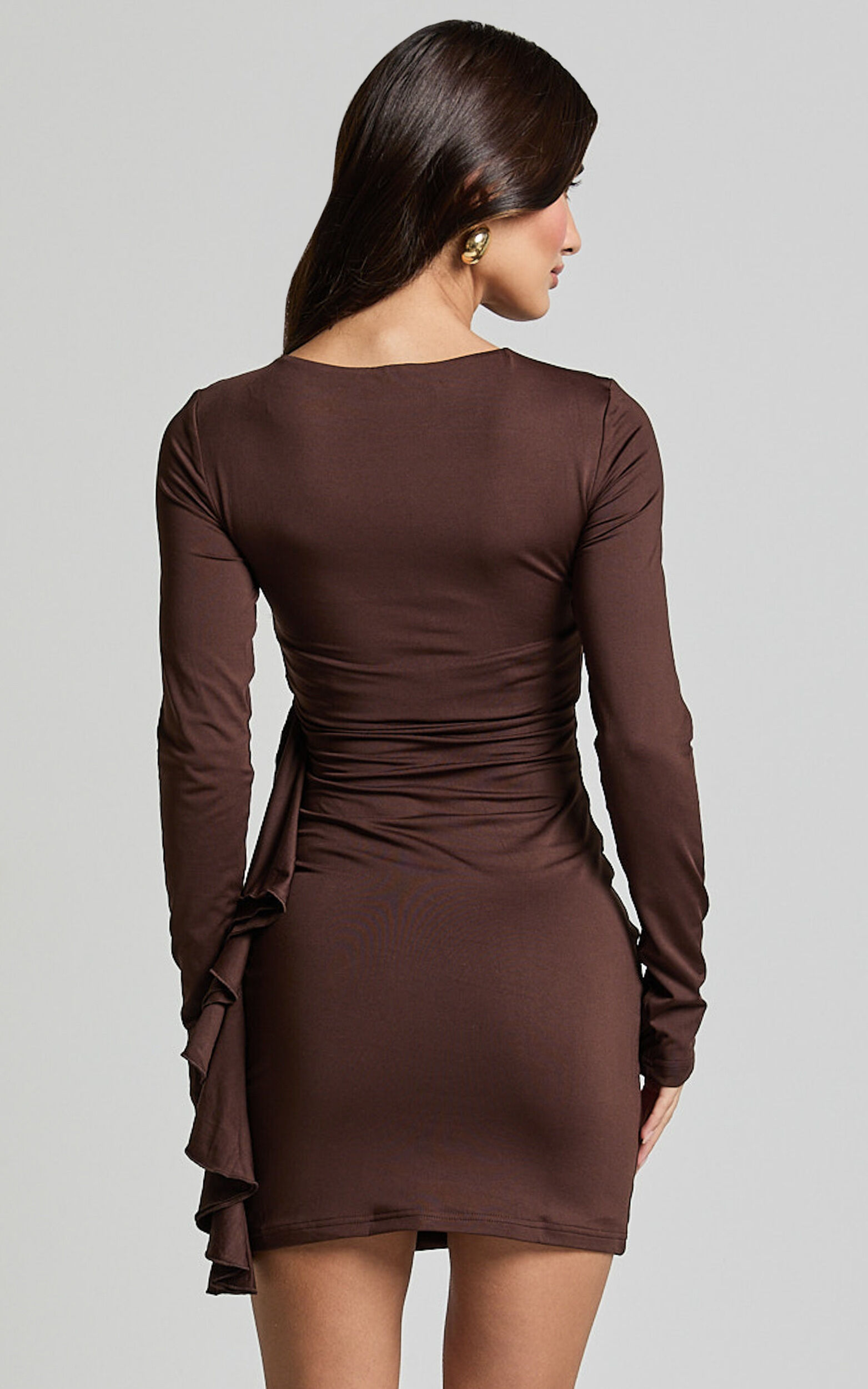 Therese Mini Dress - Ruched Bodycon Flounce Detail Dress in Chocolate