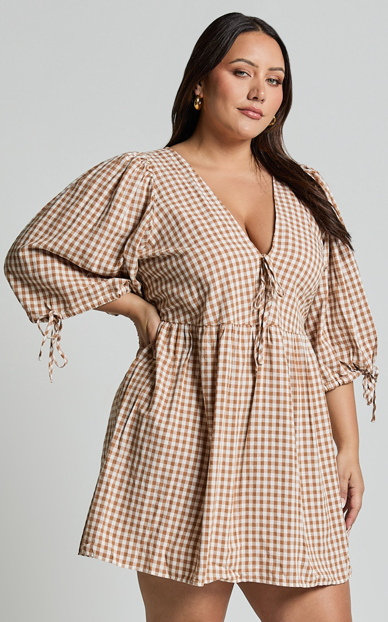 Rosita Mini Dress - Tie Front Puff Sleeve Dress in Caramel & White Gingham