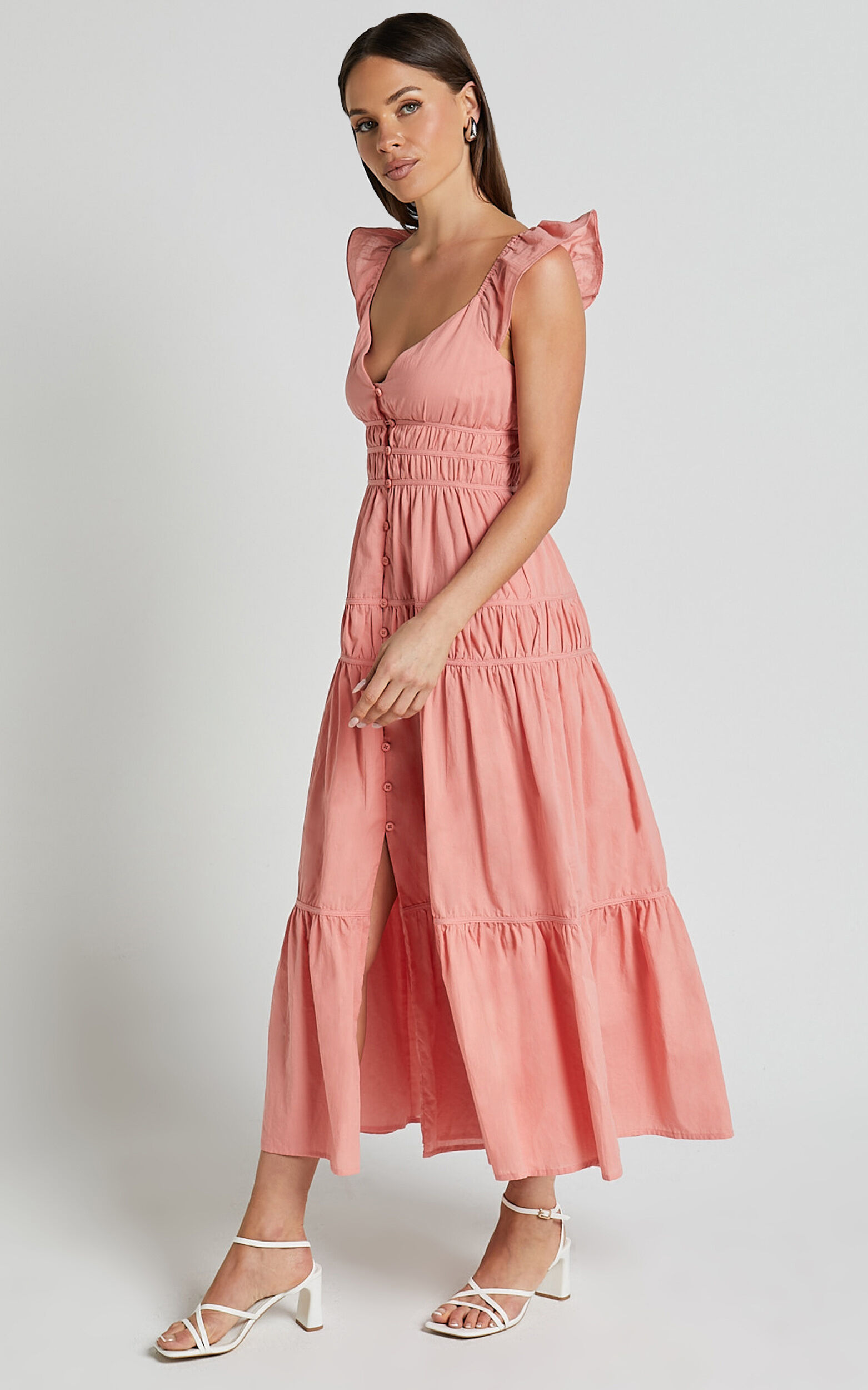 Addi Midi Dress - Button Front Plunge Neck Short Flutter Sleeve Tiered in Peach Fuzz