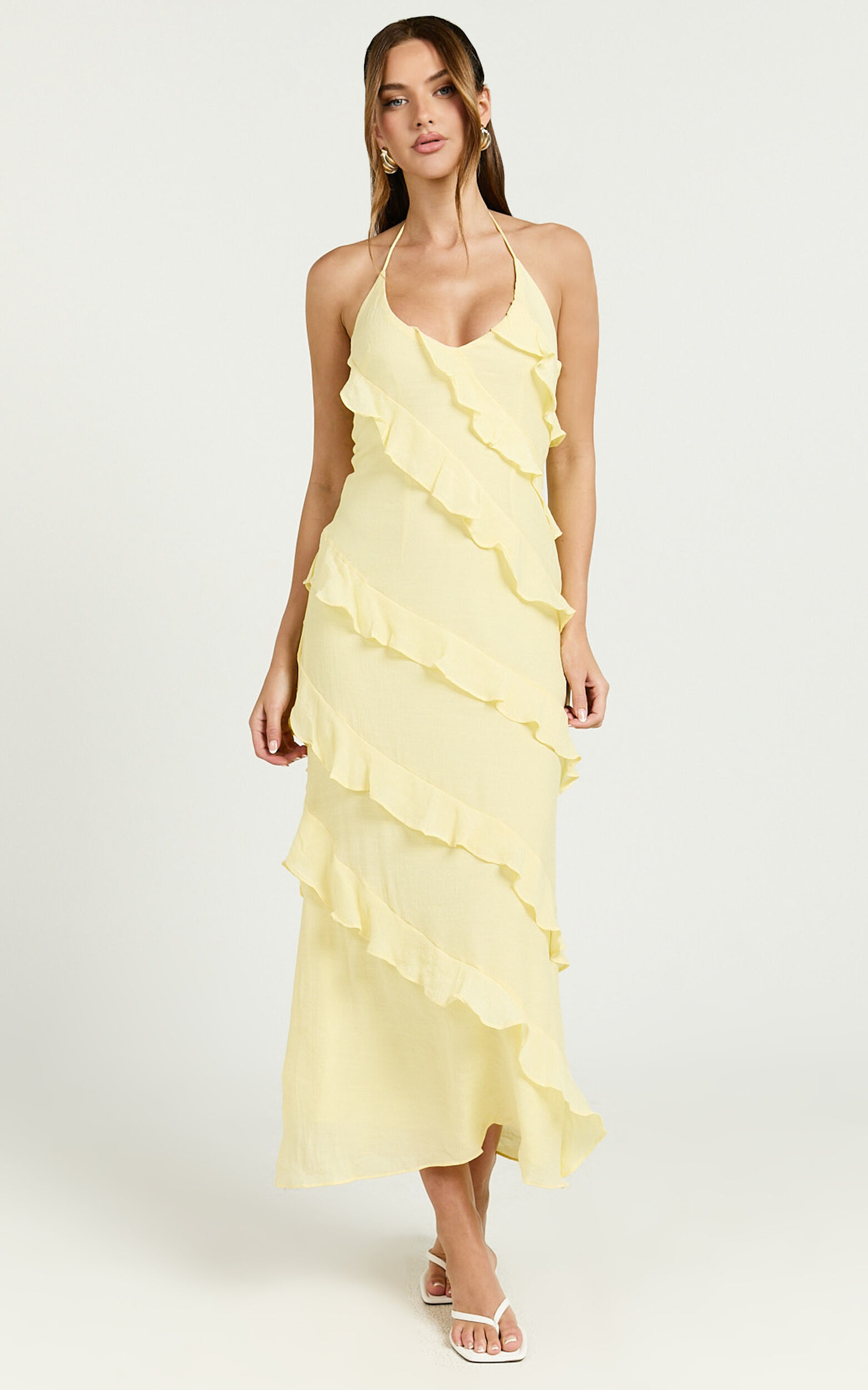 Brayden Midi Dress - V Neck Ruffle Dress in Lemon