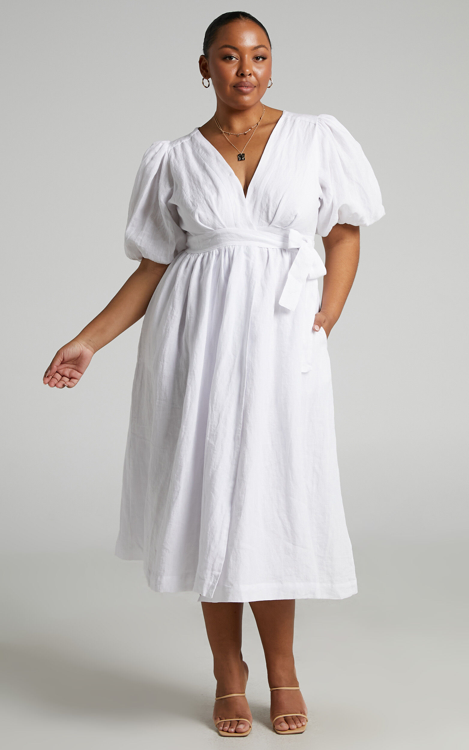 Amalie The Label - Franc Linen Puff Sleeve Wrap Midi Linen Dress in White
