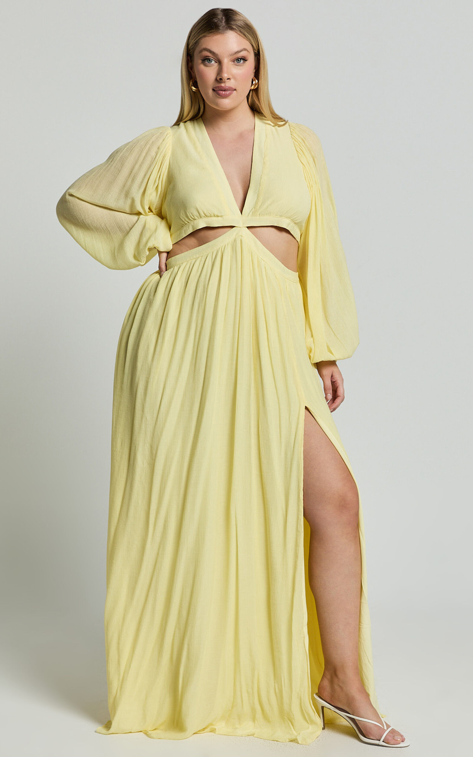 Paige Maxi Dress - Side Cut Out Balloon Sleeve Dress in Lemon