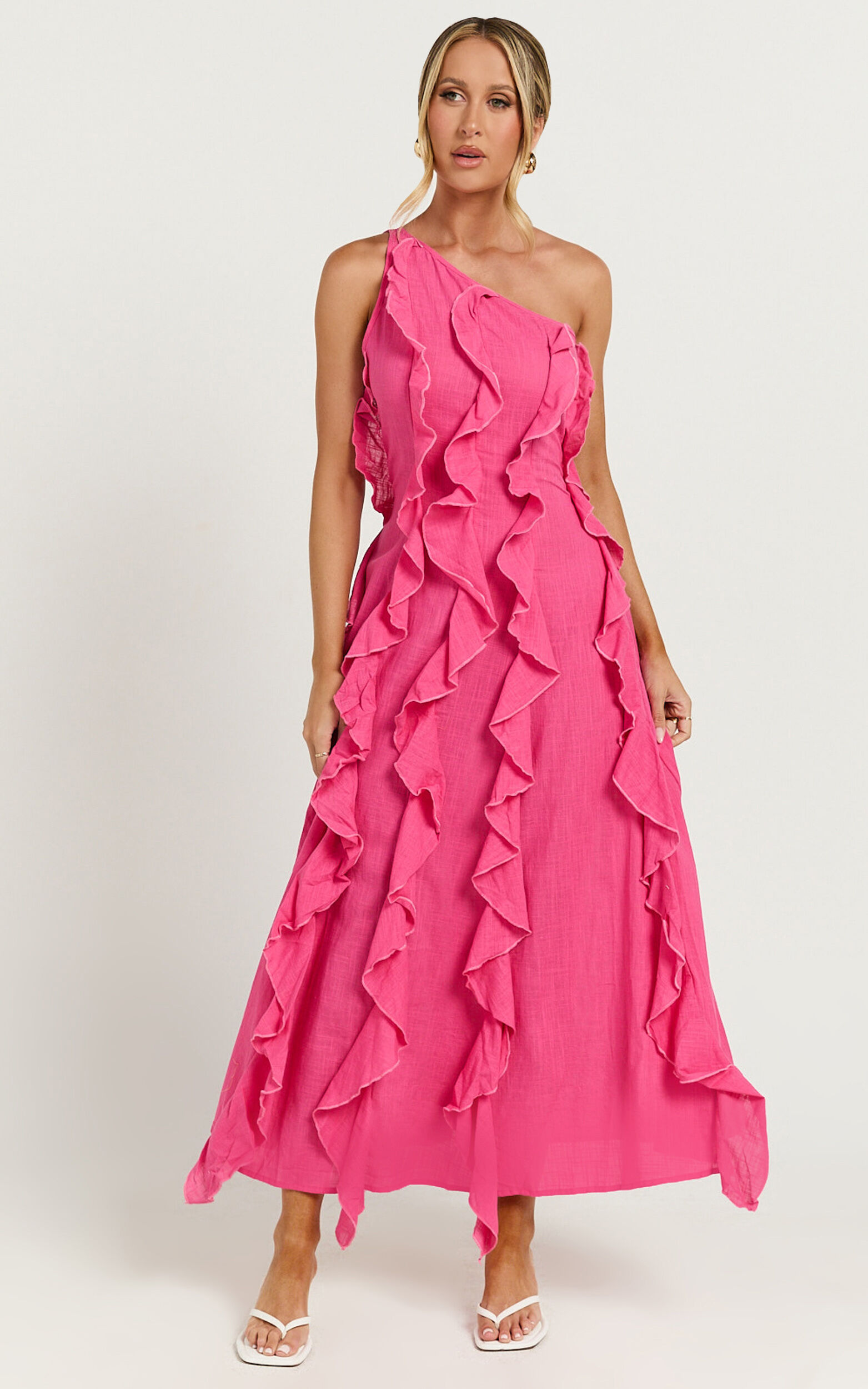 Britney Maxi Linen Dress - One Shoulder Ruffle Detail Dress in Pink