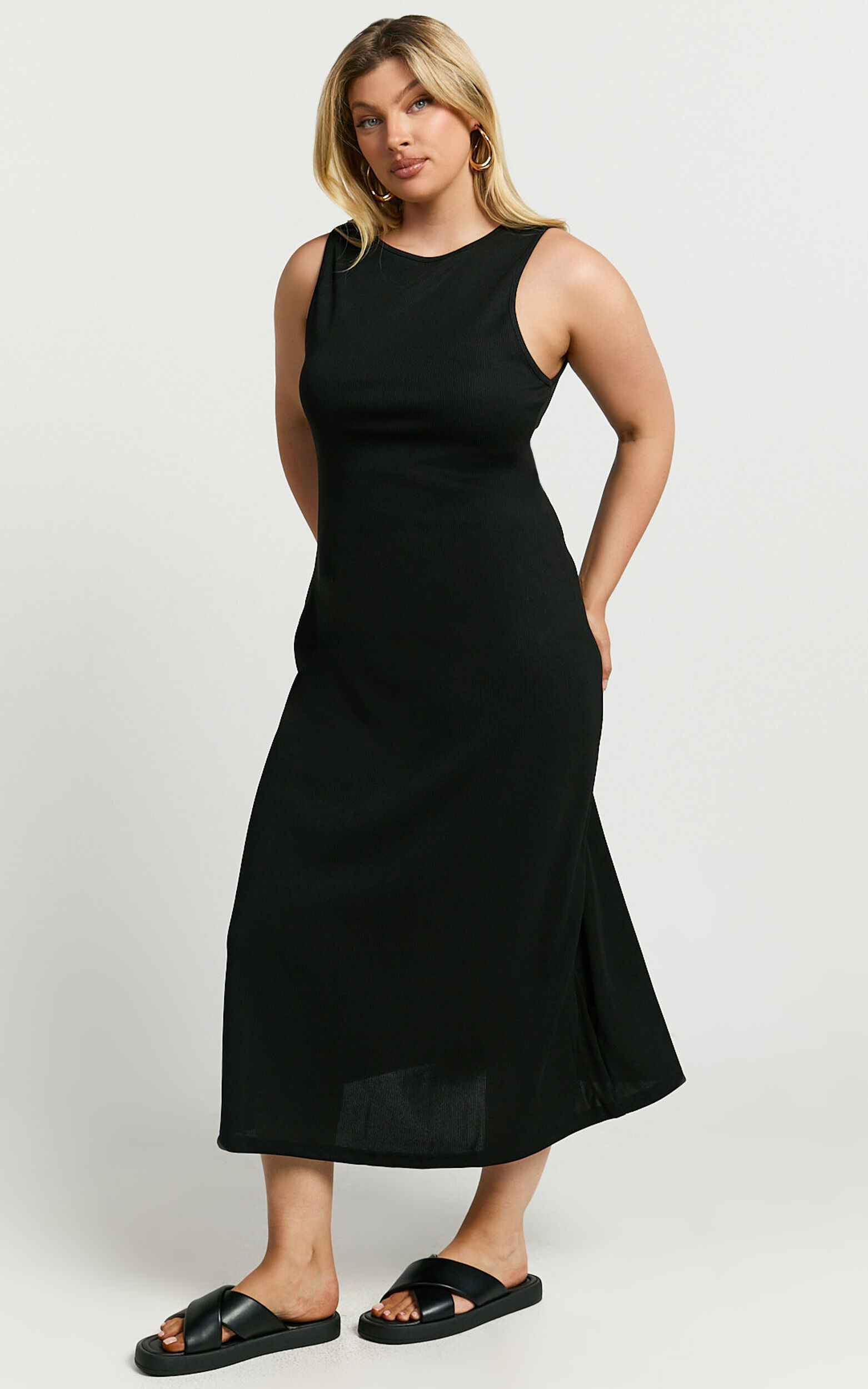 Rodolphe Midi Dress - Crew Neck Ribbed Sleeveless in Black