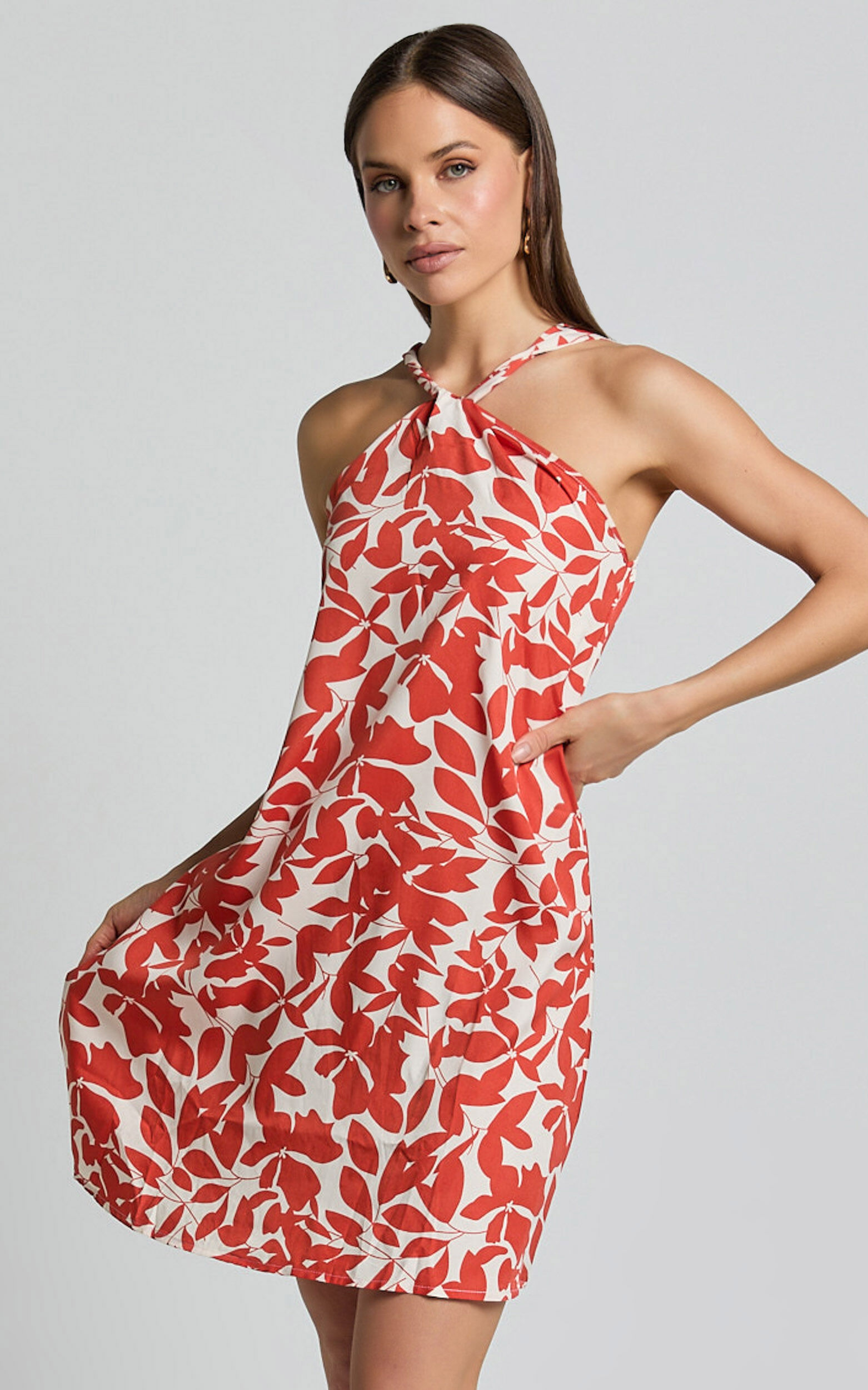 Vicki Mini Dress - Halter Neck A Line Dress in Red Leaf Print