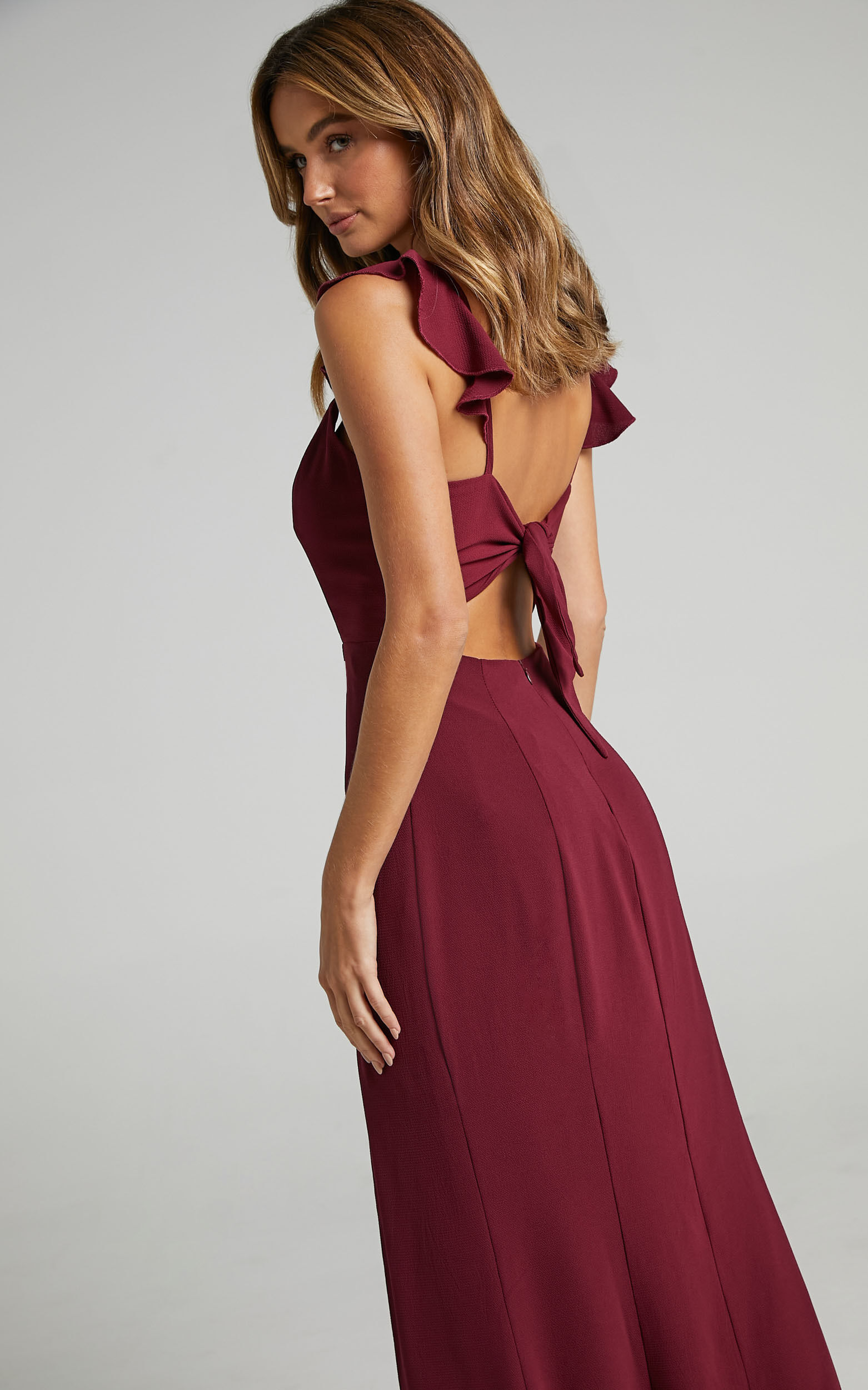 More Than This Maxi Dress - Ruffle Strap Thigh Split Dress in Wine