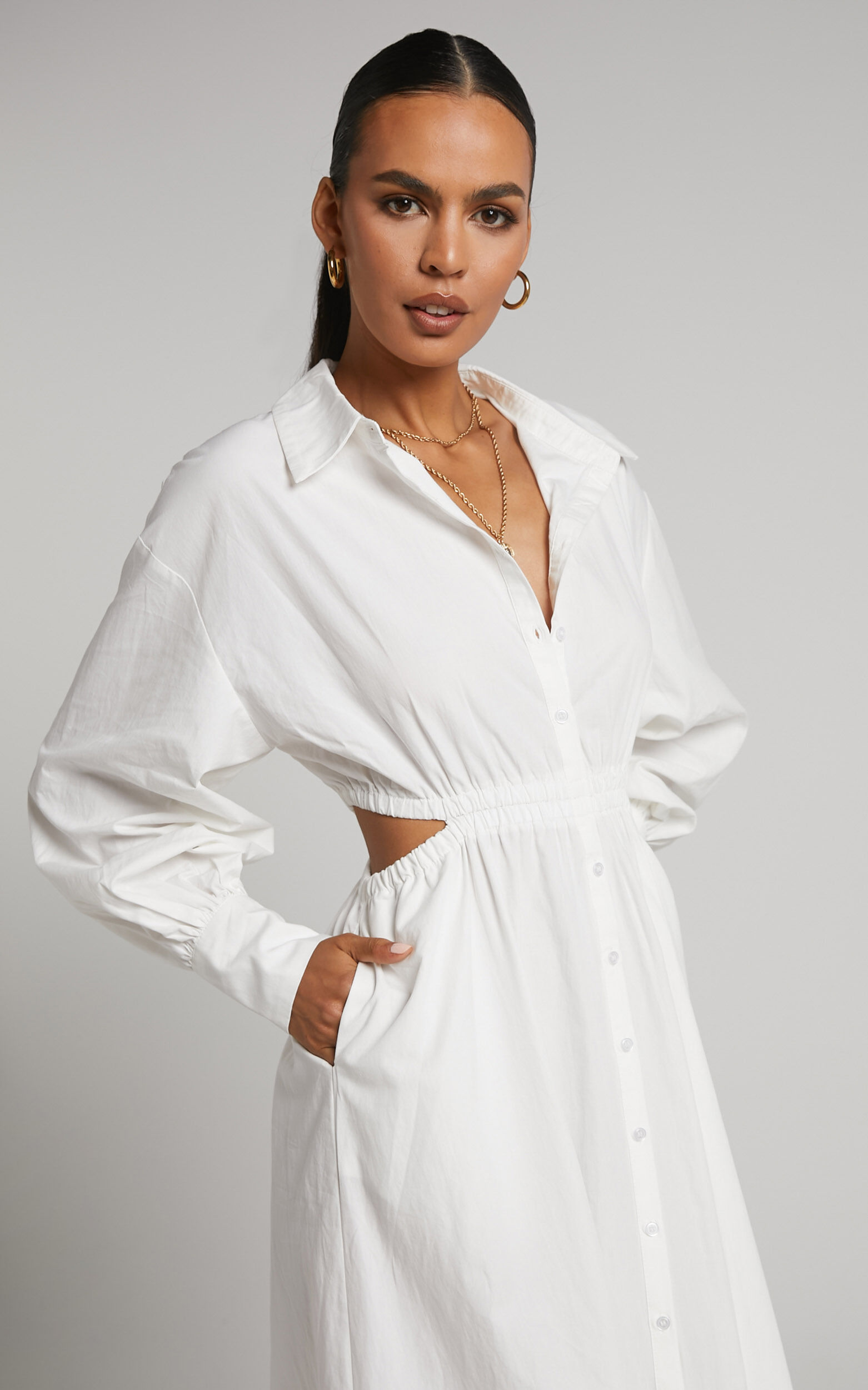 Merabelle Midi Dress - Side Cut Out Collared Long Sleeve Shirt Dress in White