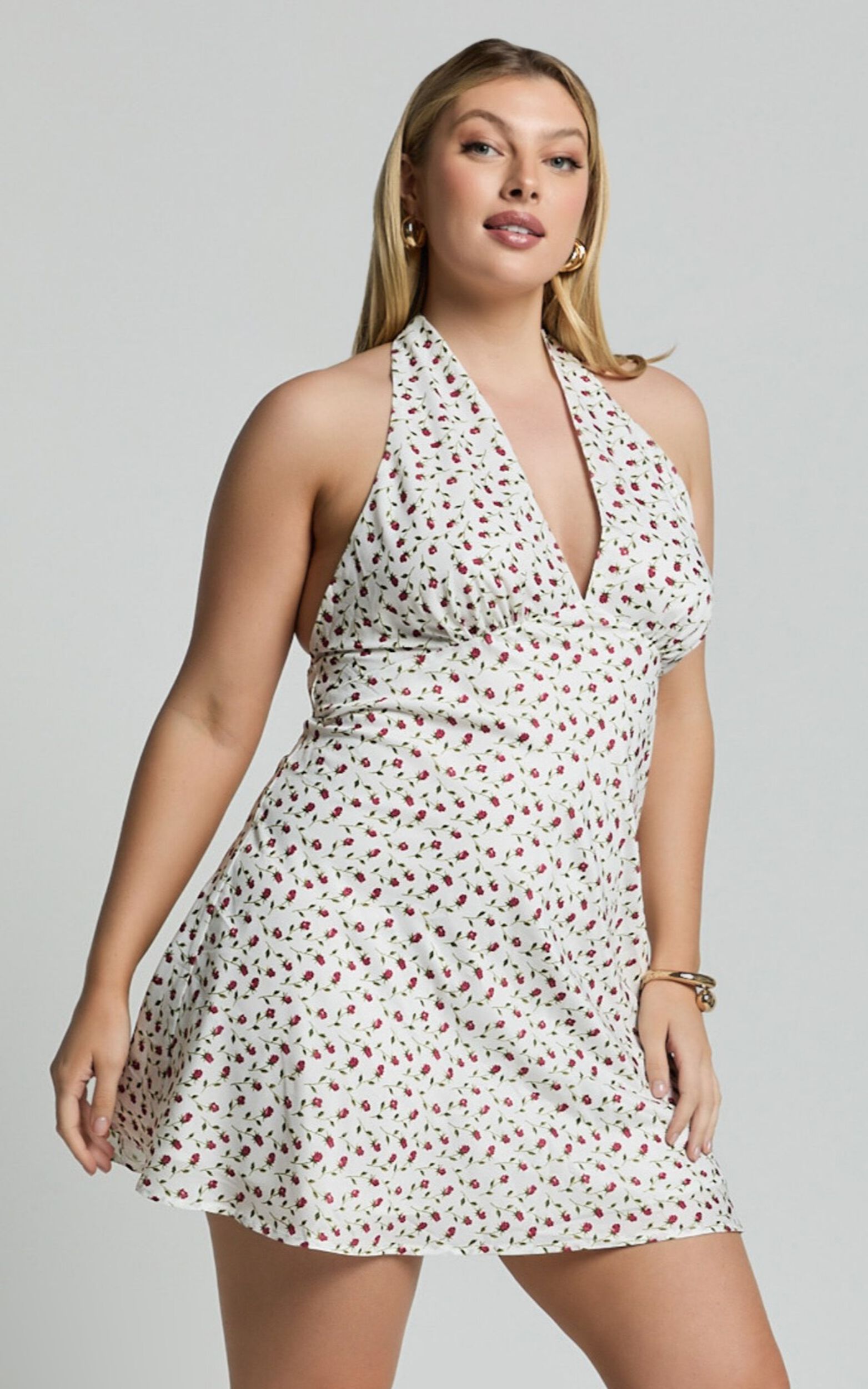 Emmett Mini Dress - Tie Halter Neck Low Back Dress in White Floral
