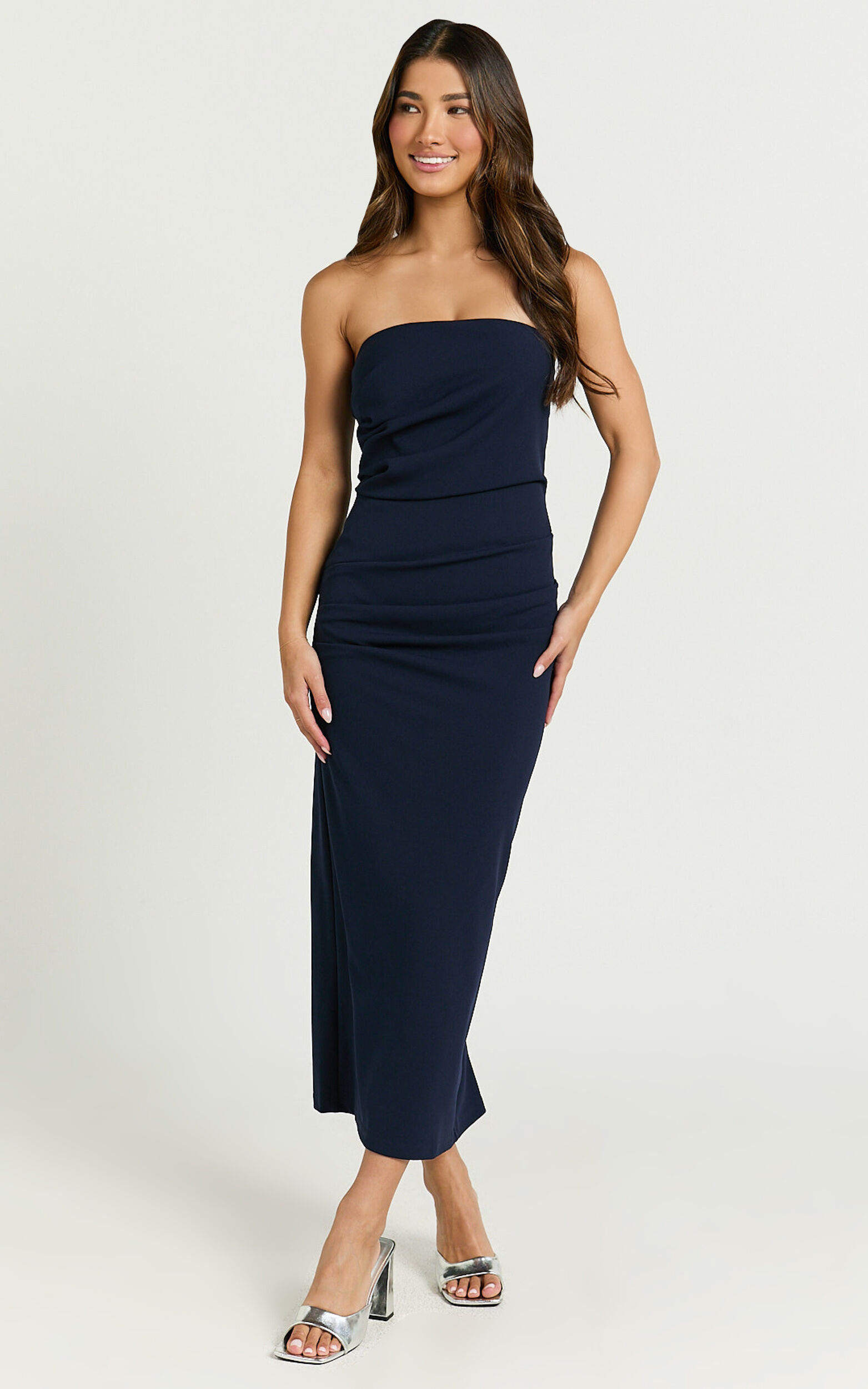 Calanthe Midi Dress - Strapless Tuck Detail Dress in Navy