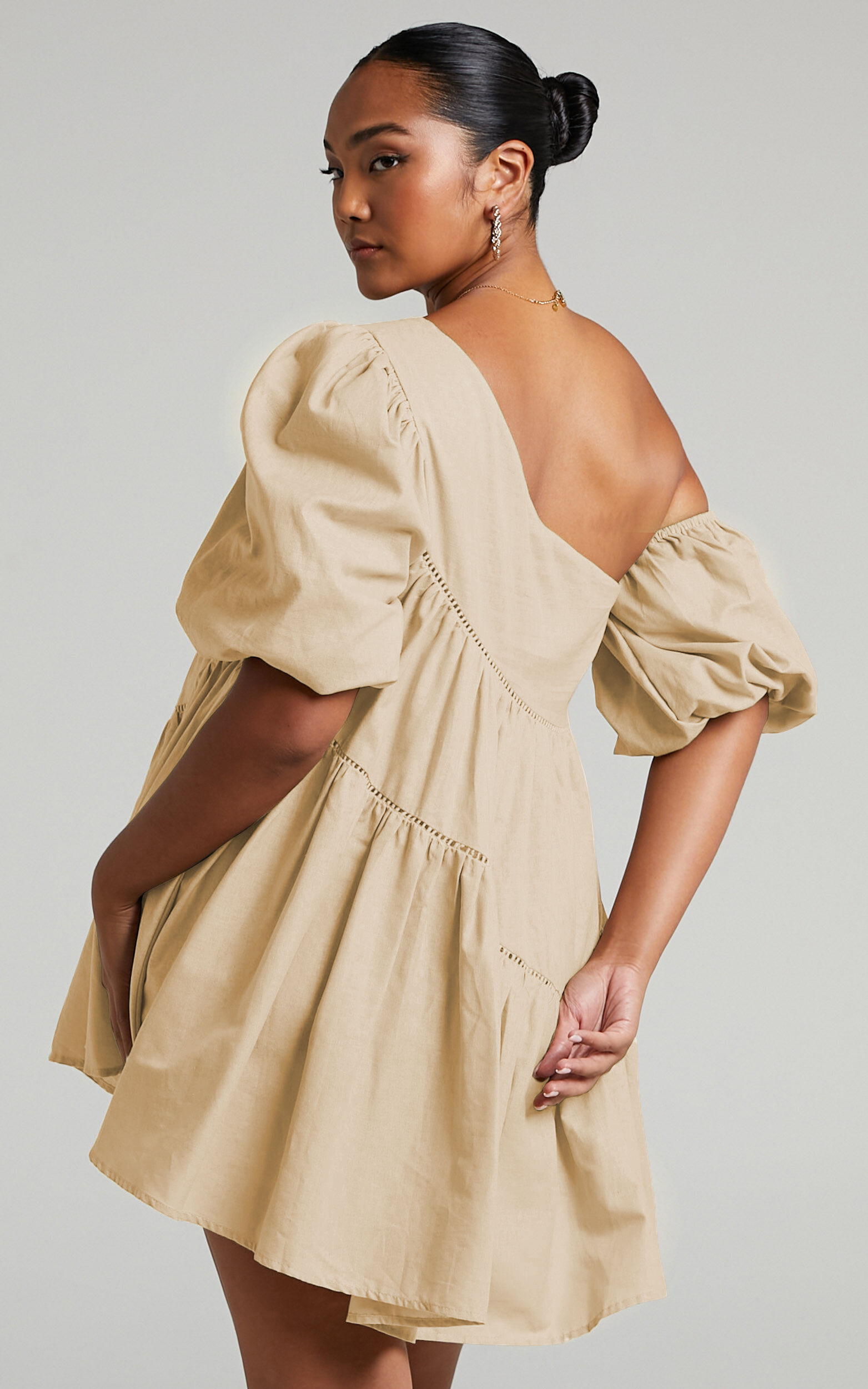 Harleen Mini Dress - Linen Asymmetrical Trim Puff Sleeve Dress in Beige