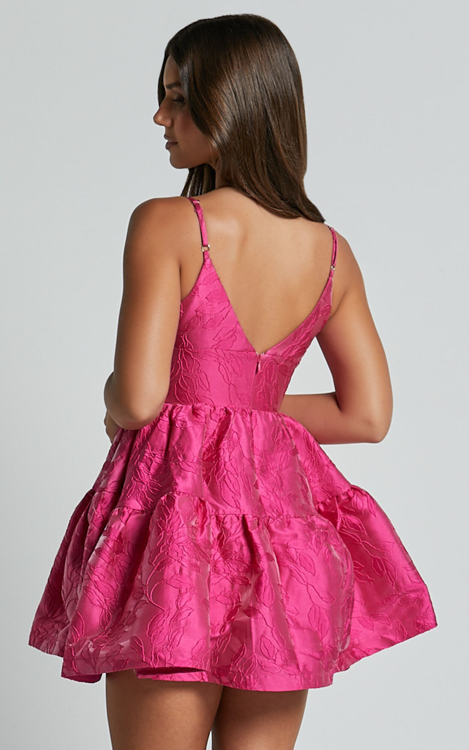 Britany Mini Dress - V Neck Tiered Strappy Tiered Fit and Flare Dress in Fuchsia