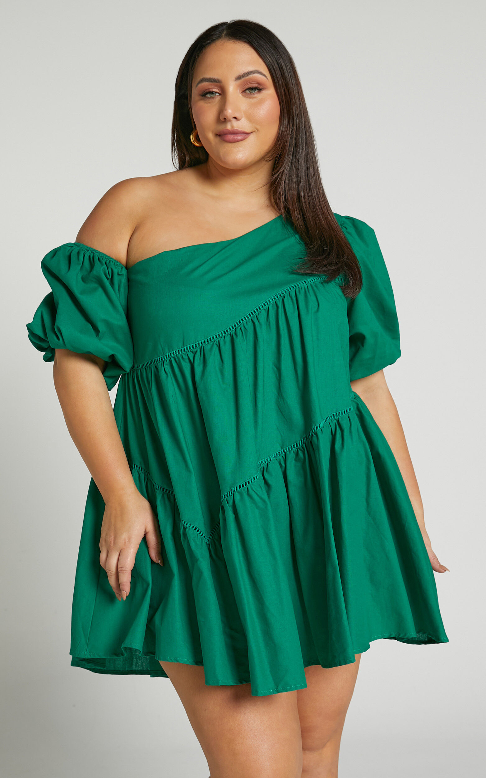 Harleen Mini Dress - Linen Asymmetrical Trim Puff Sleeve Dress in Green