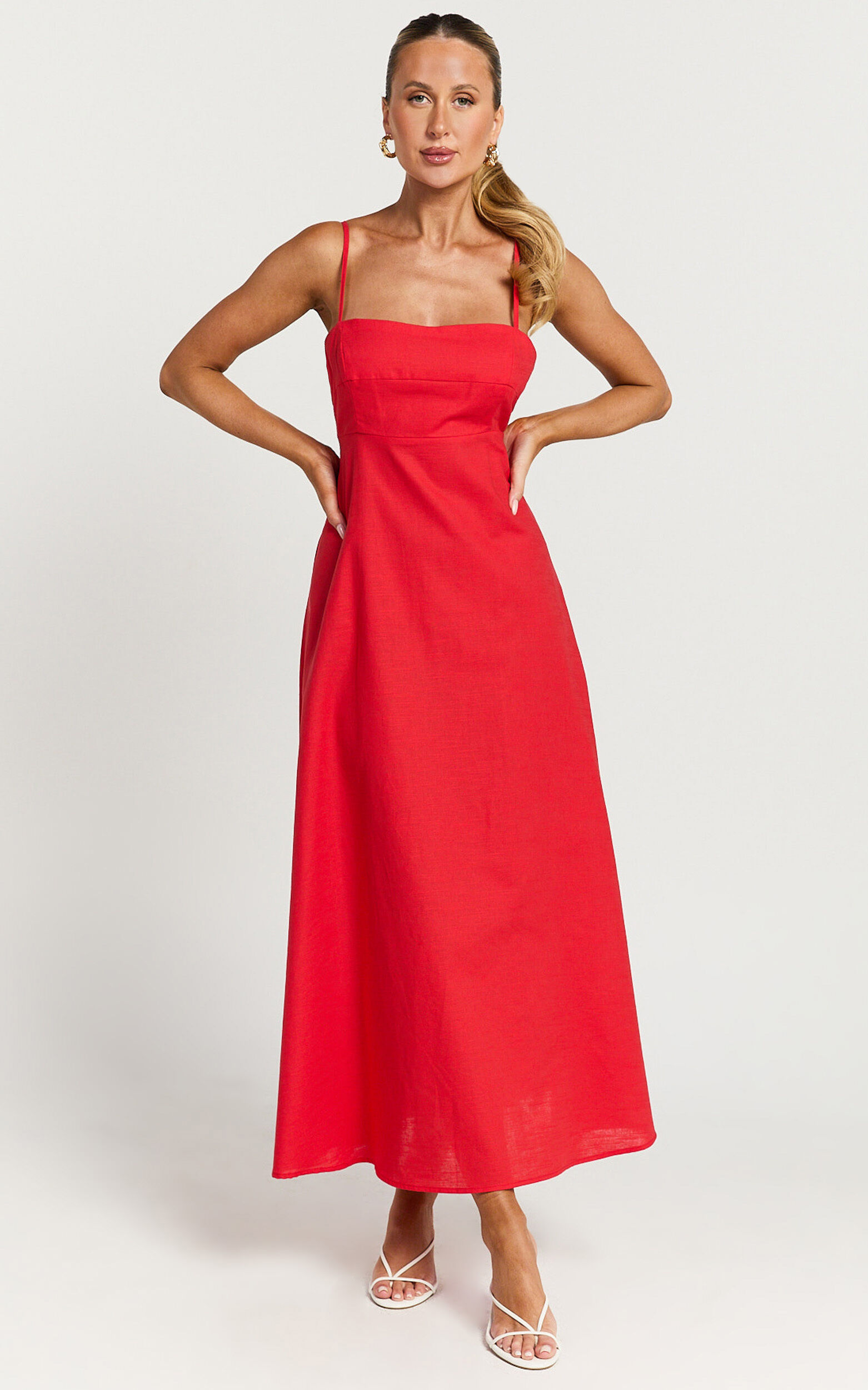 Brette Midi Dress - Linen Straight Neck Strappy Fit And Flare Dress in Red