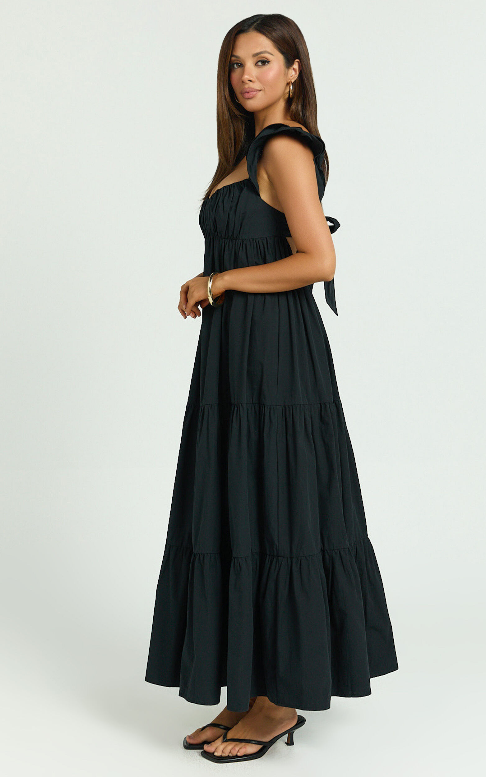 Brienne Midi Dress - Flutter Sleeve Tie Back Dress in Black