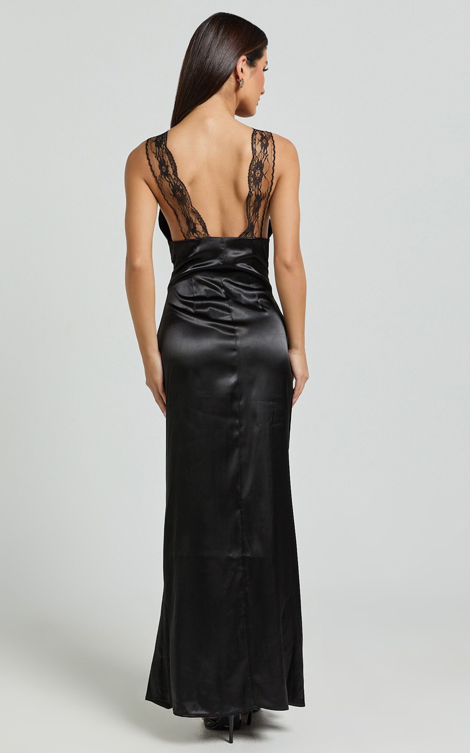 Alysia Maxi Dress - V Neck Lace Detail Slip Dress in Black