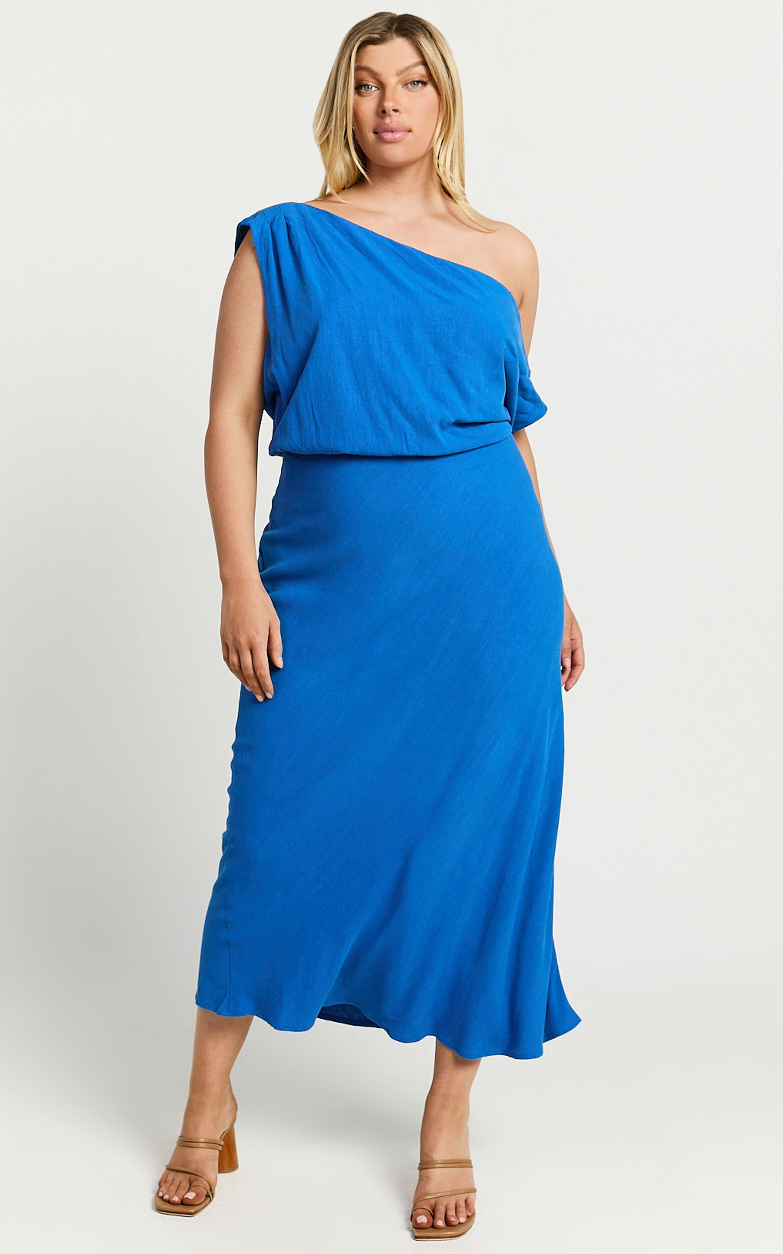 Jacqueline Midi Dress - Linen One Shoulder Dress in Cobalt