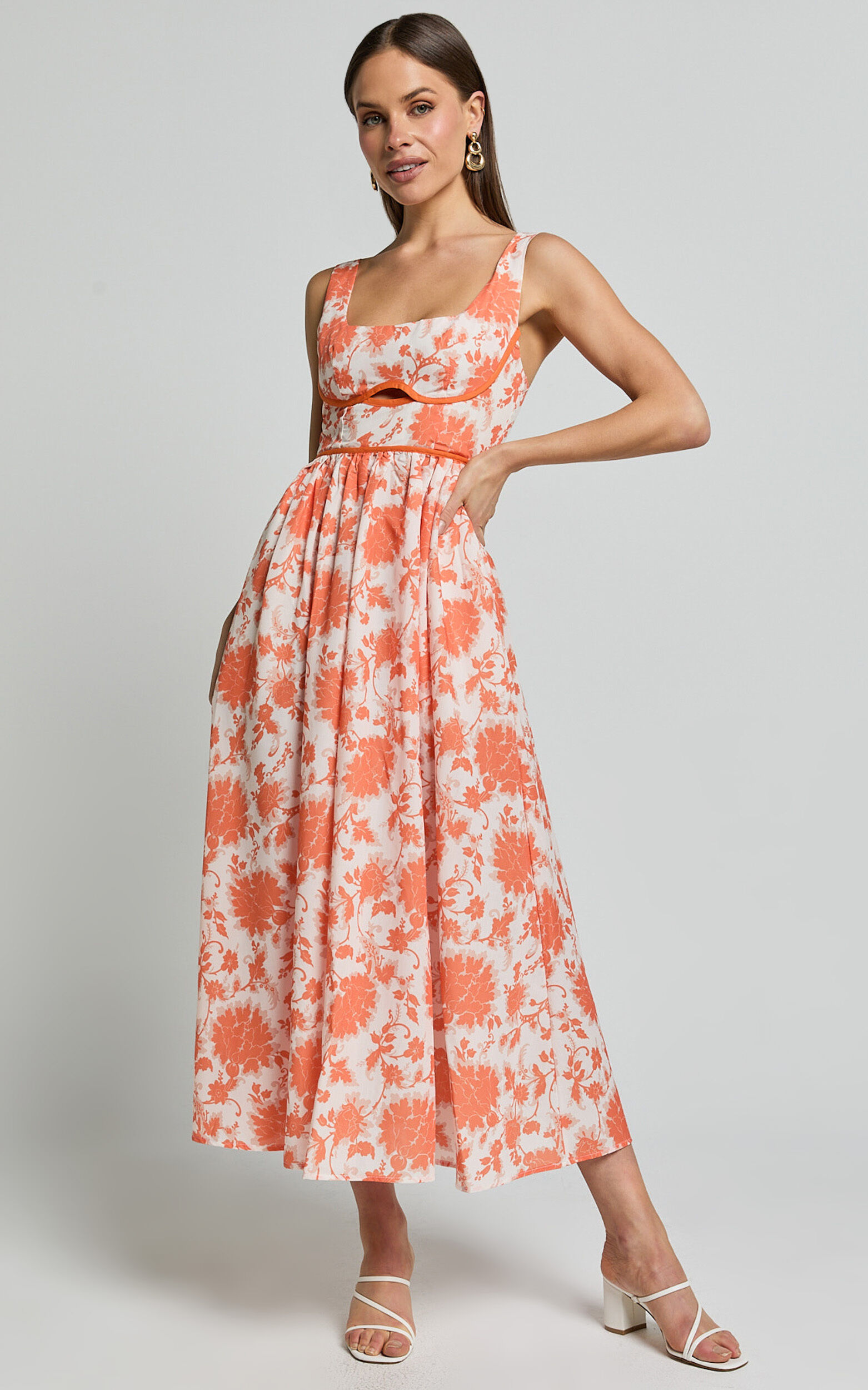 Chira Midi Dress - Front Cut Out Thigh Split Dress in Orange Floral
