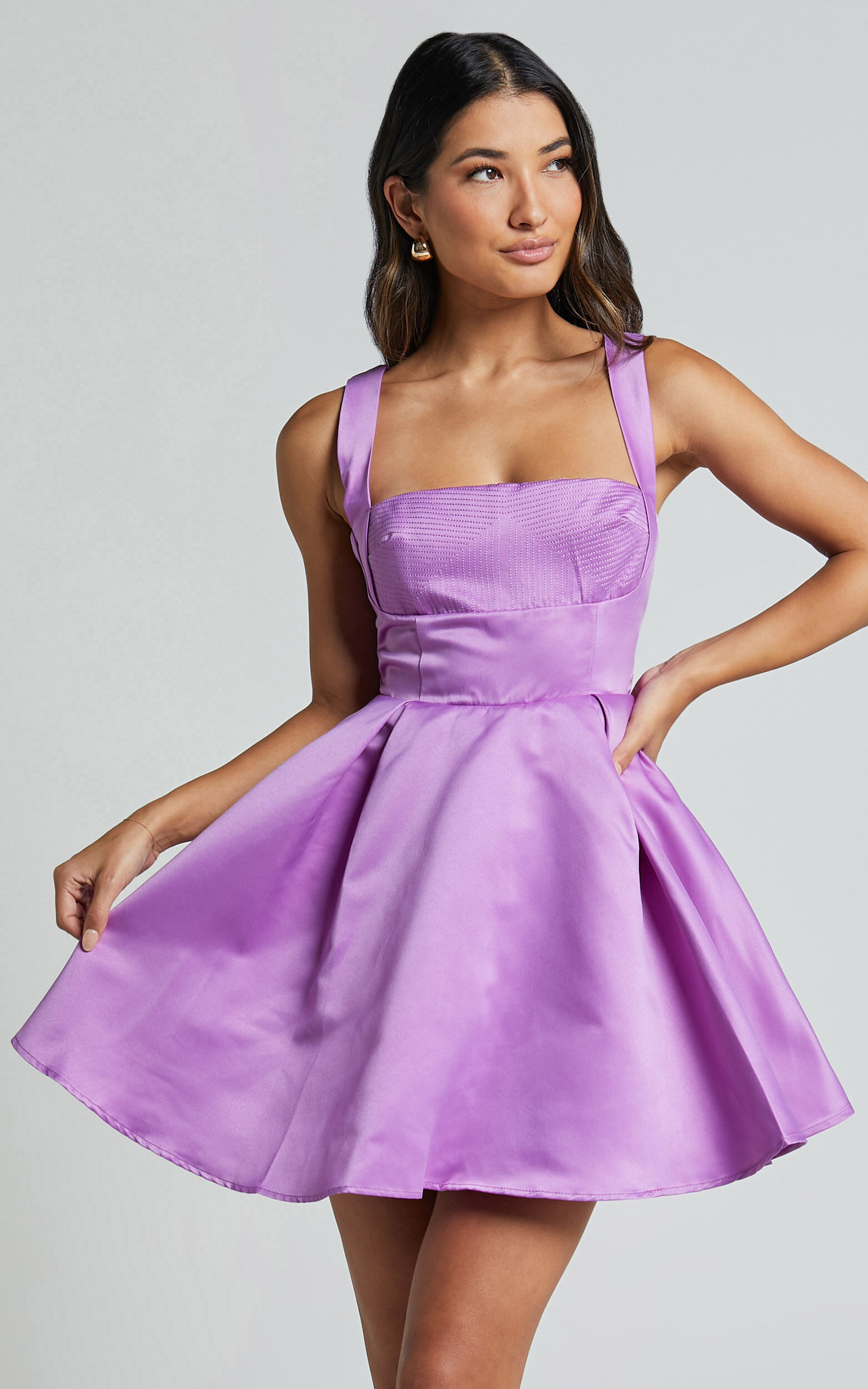 Stephanie Mini Dress - Satin Square Neck Tie Back Dress in Orchid