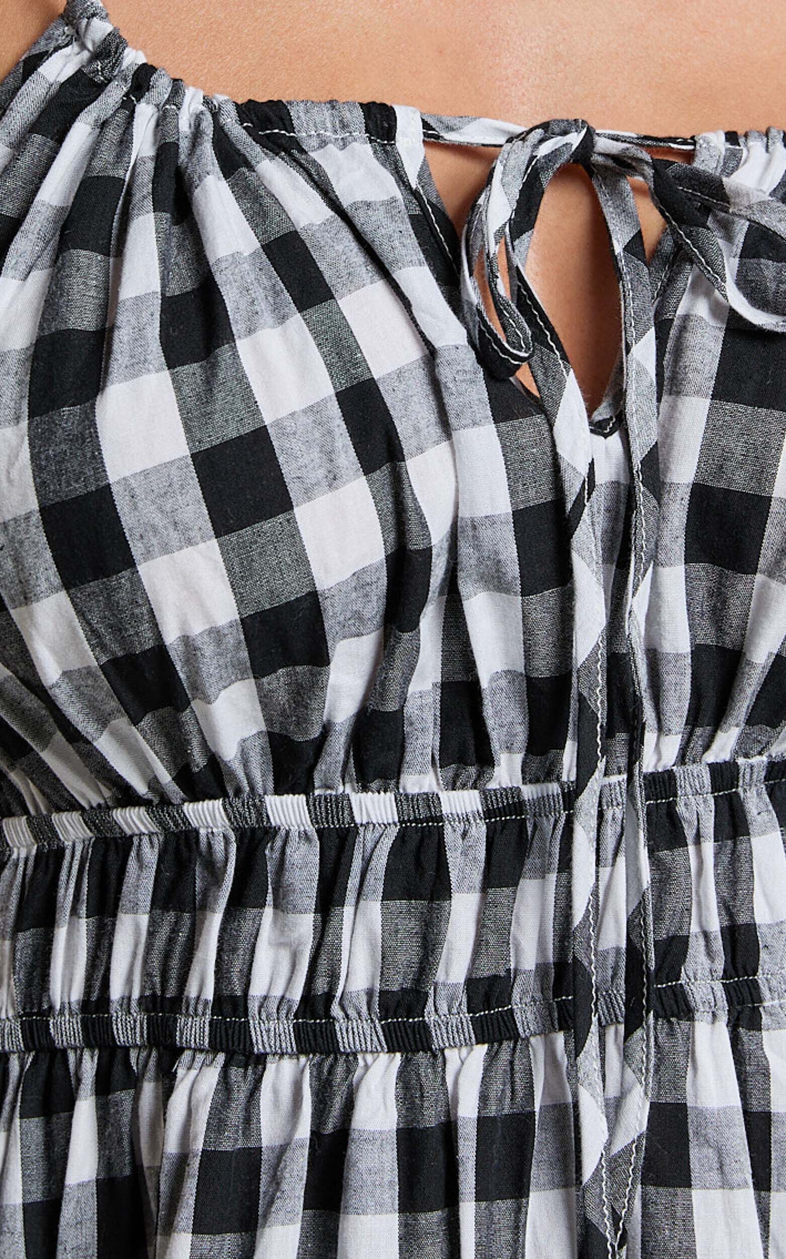 Vela Midi Dress - Strappy Tie Shoulder Elasticated Waist Dress in Black and White Gingham