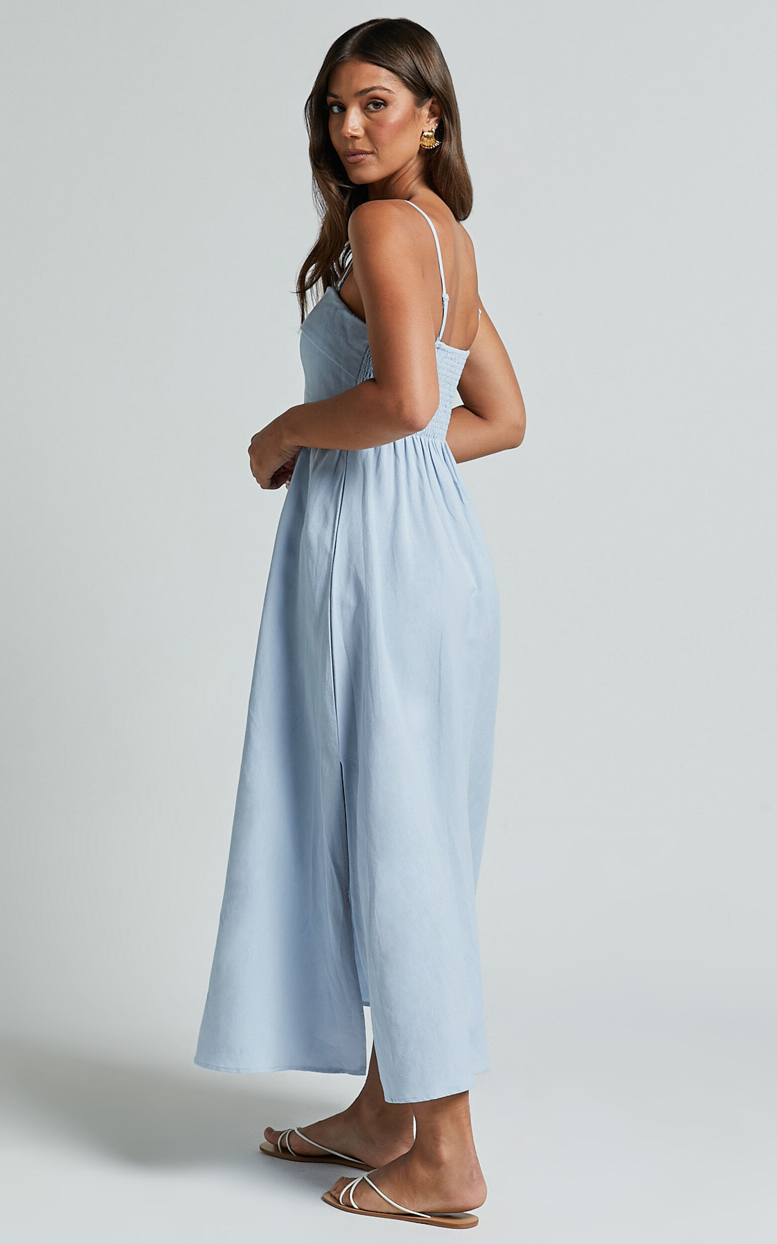 Carlyn Midi Dress - Linen Detachable Straps in Blue