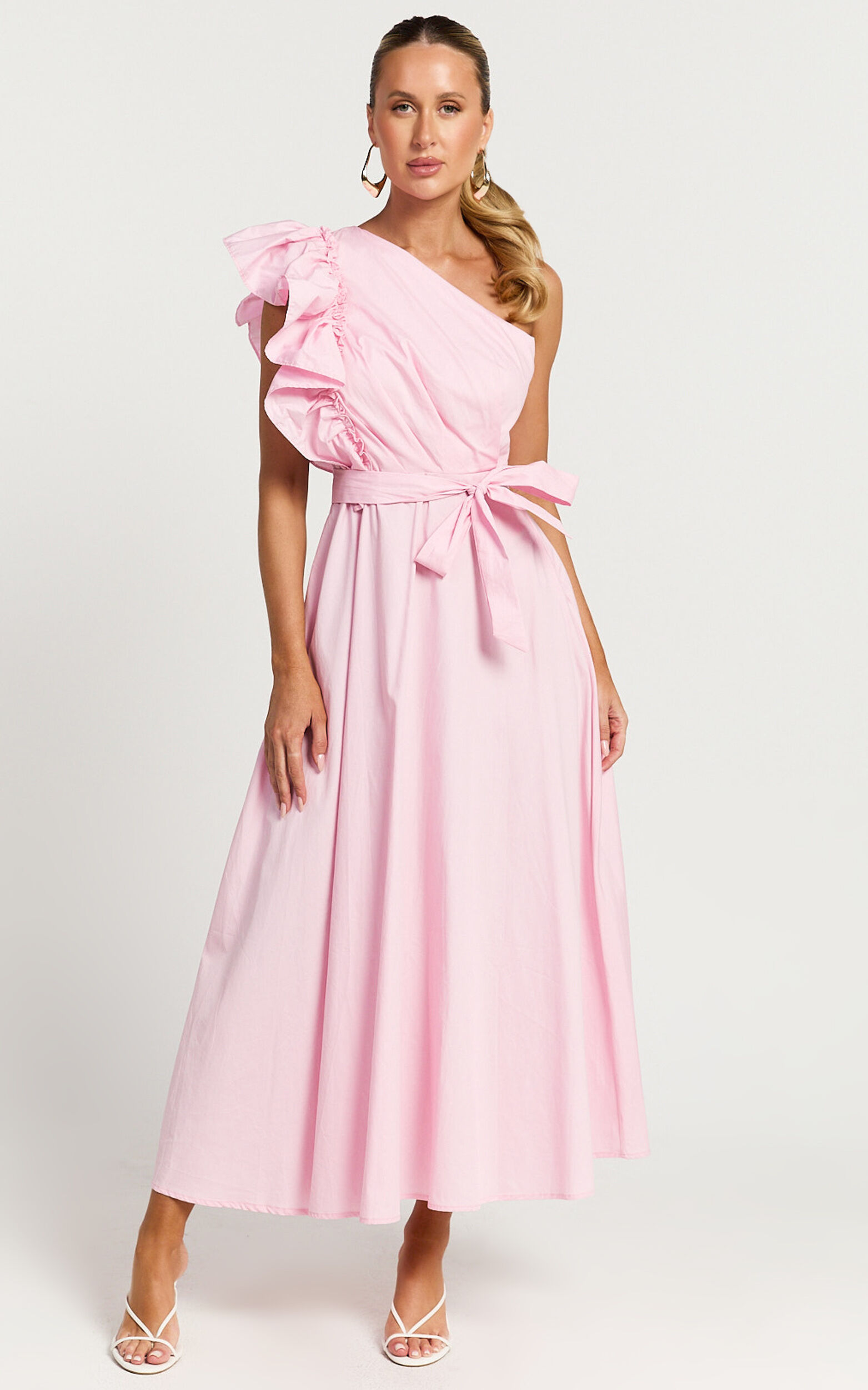 Almeida Midi Dress - One Shoulder Ruffle Detail Belted Dress in Pink
