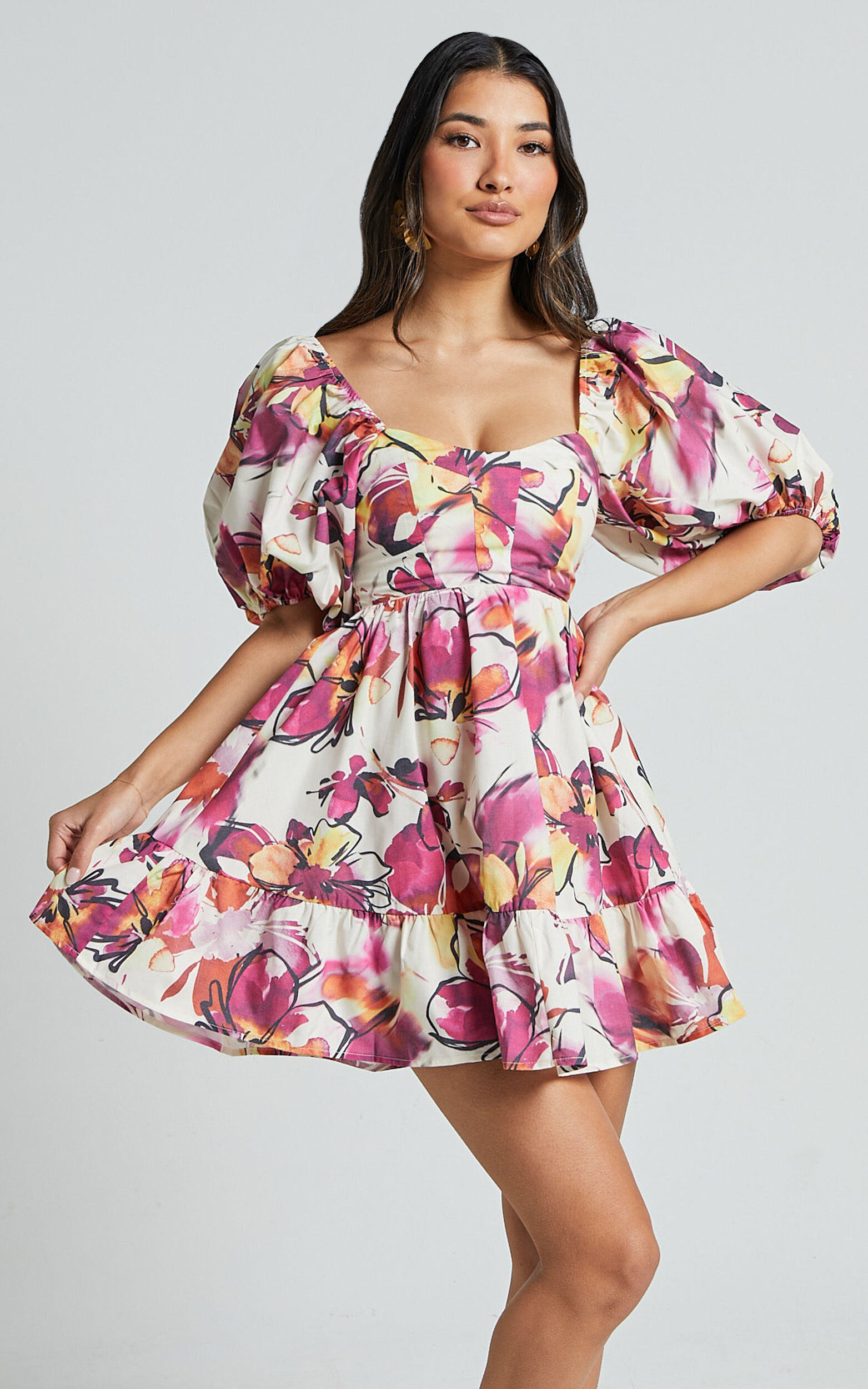 Gretchen Mini Dress - Puff Sleeve Babydoll Dress in Dahlia Dusk Floral