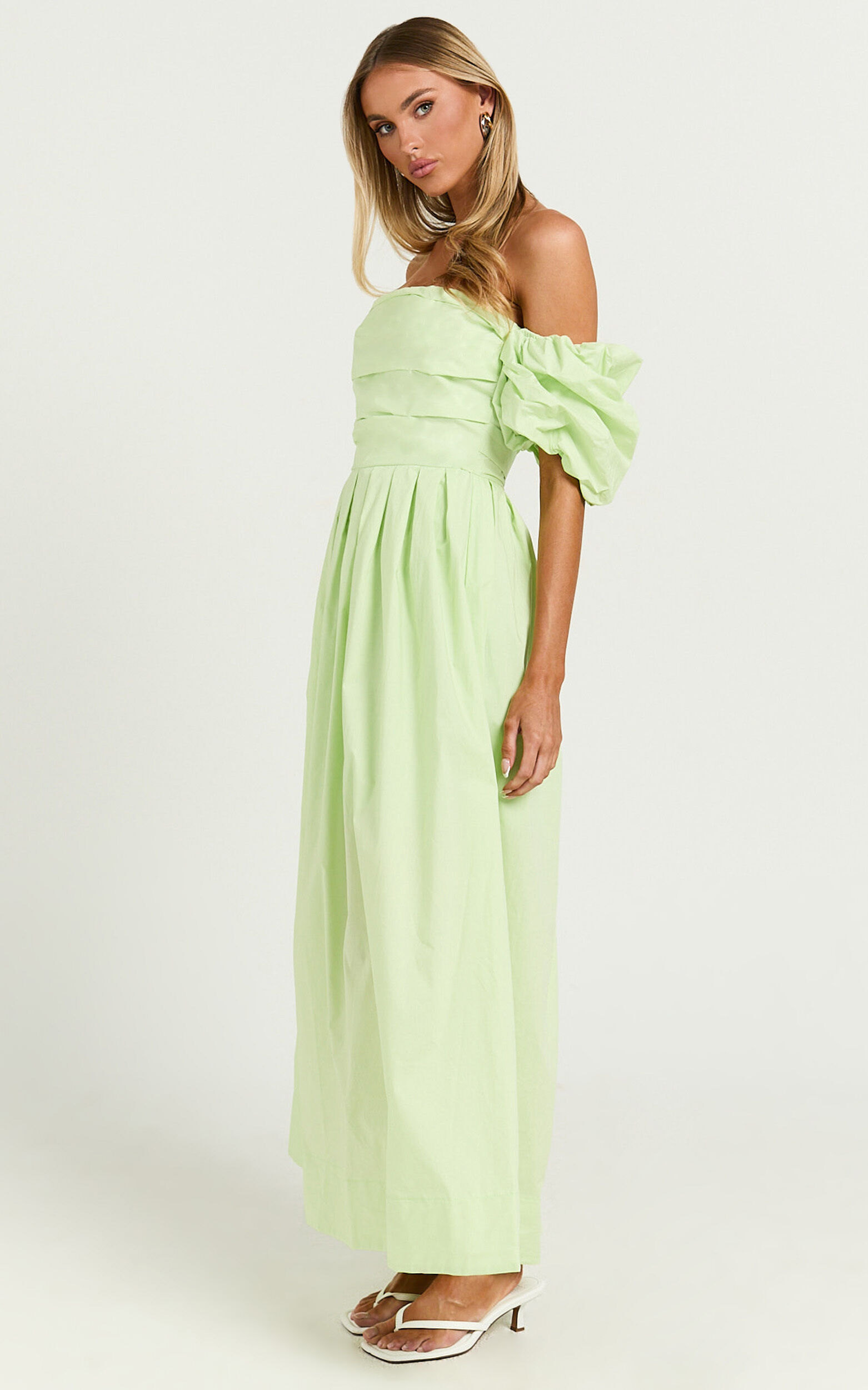 Annie Midi Dress - Off The Shoulder Ruffle Sleeve Pleated Dress in Lime