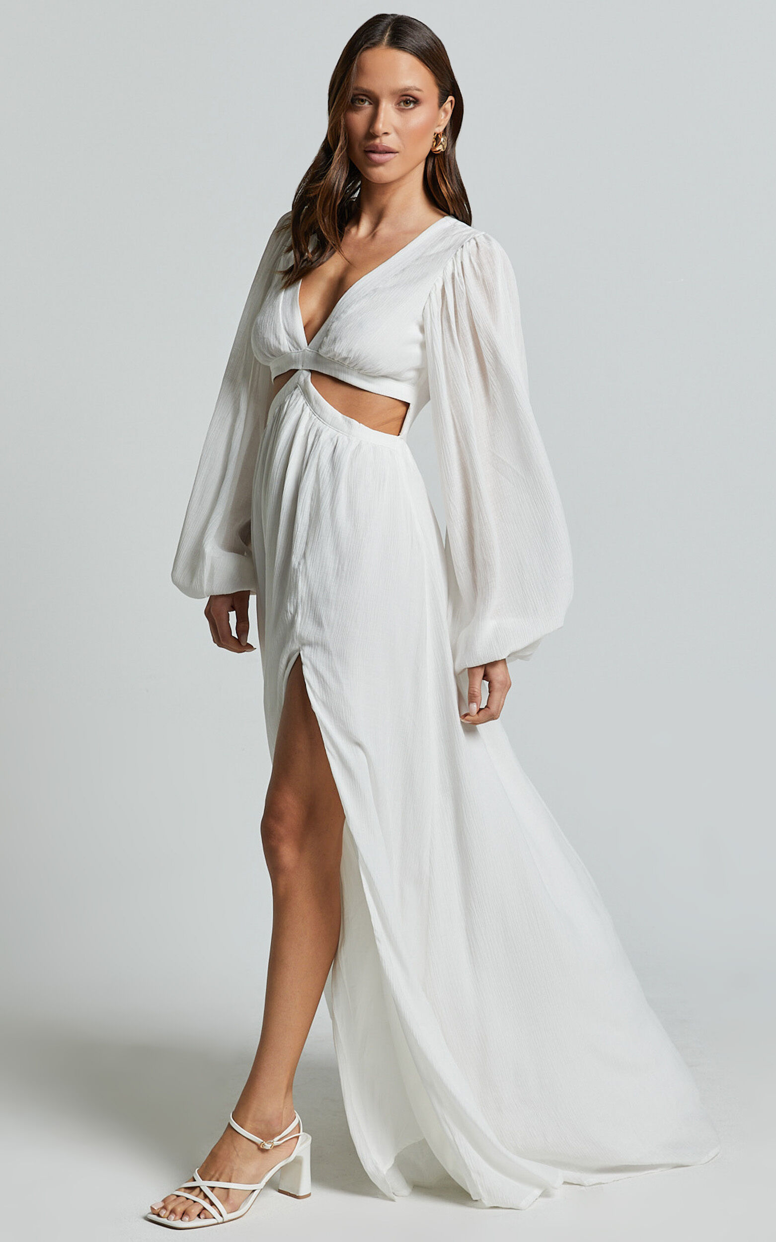 Paige Maxi Dress - Side Cut Out Balloon Sleeve Dress in White