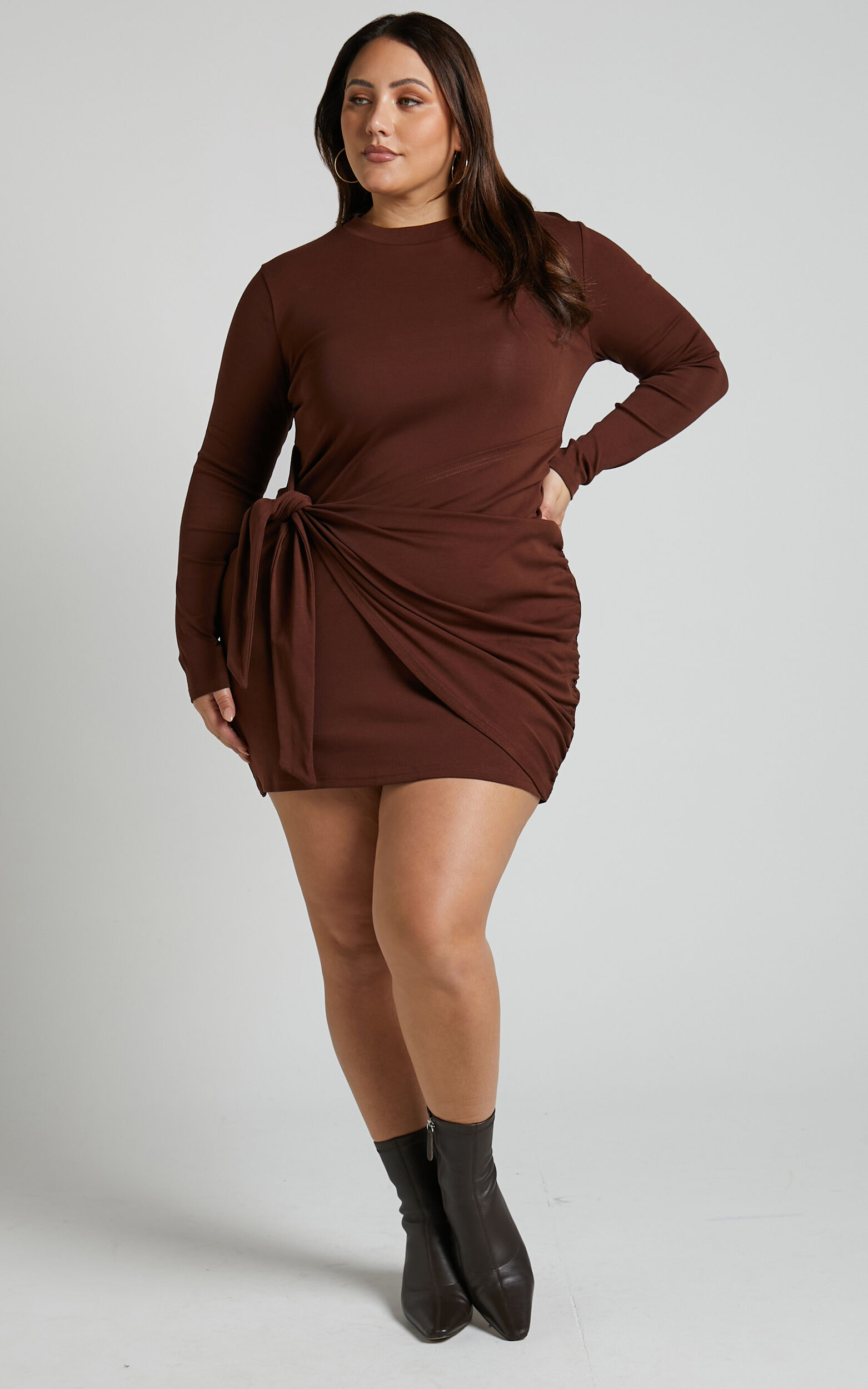 Marleen Mini Dress - Wrap Front Long Sleeve Bodycon Dress in Dark Oak