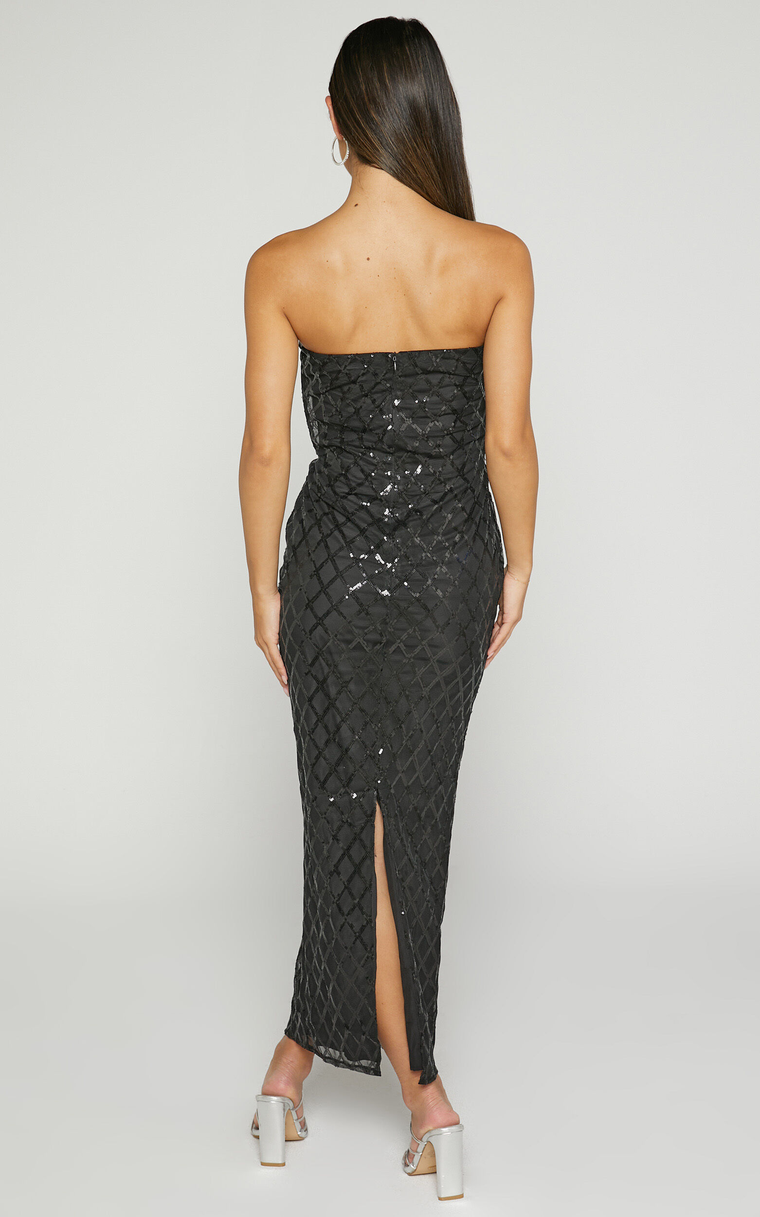 Izzy Midi Dress - Strapless Sequin Midi Dress in Black
