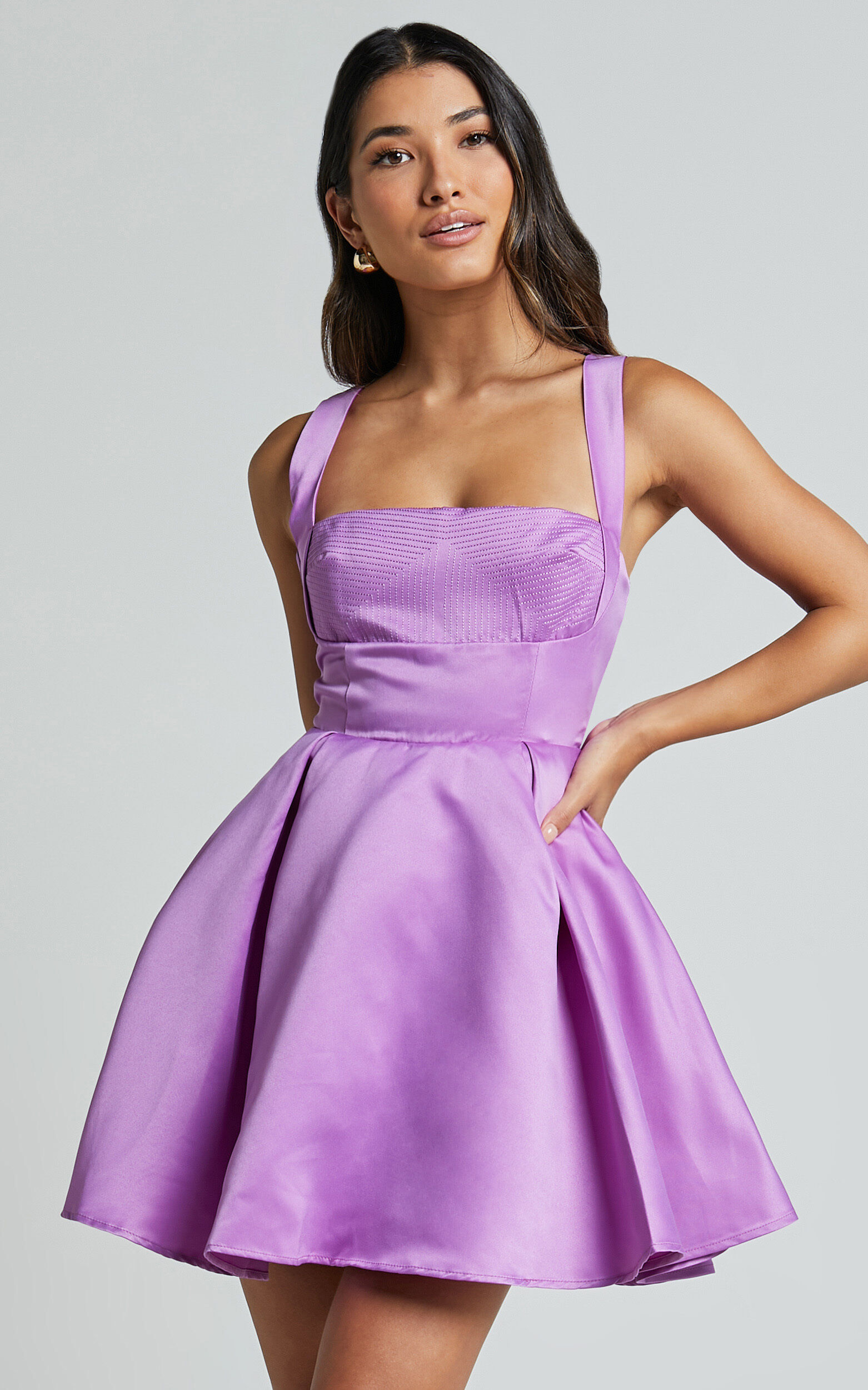Stephanie Mini Dress - Satin Square Neck Tie Back Dress in Orchid