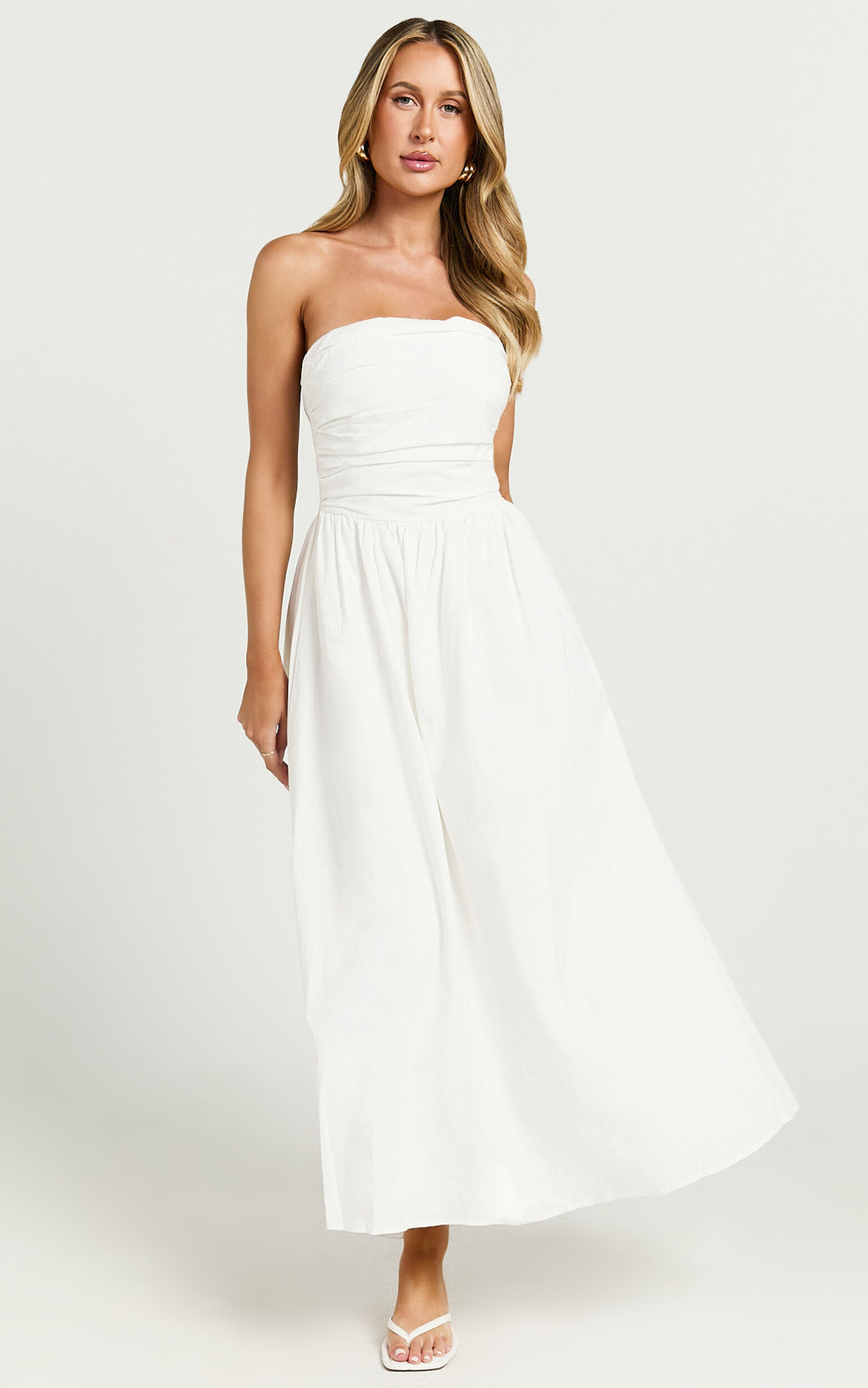 Polly Midi Dress - Strapless Ruched Dress in White