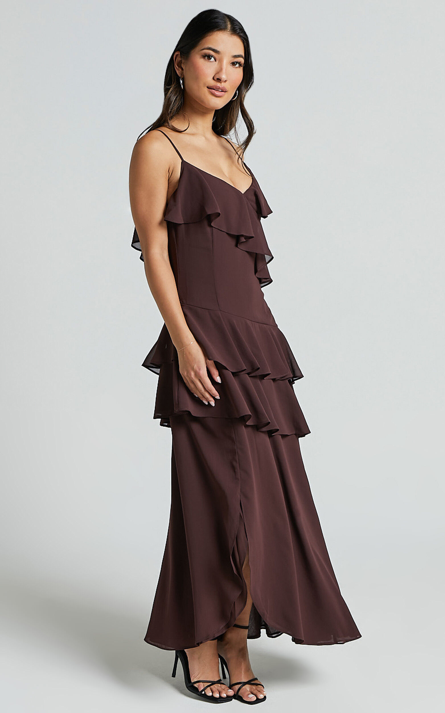Emily Midi Dress - Strappy Asymmetric Ruffle Dress in Chocolate