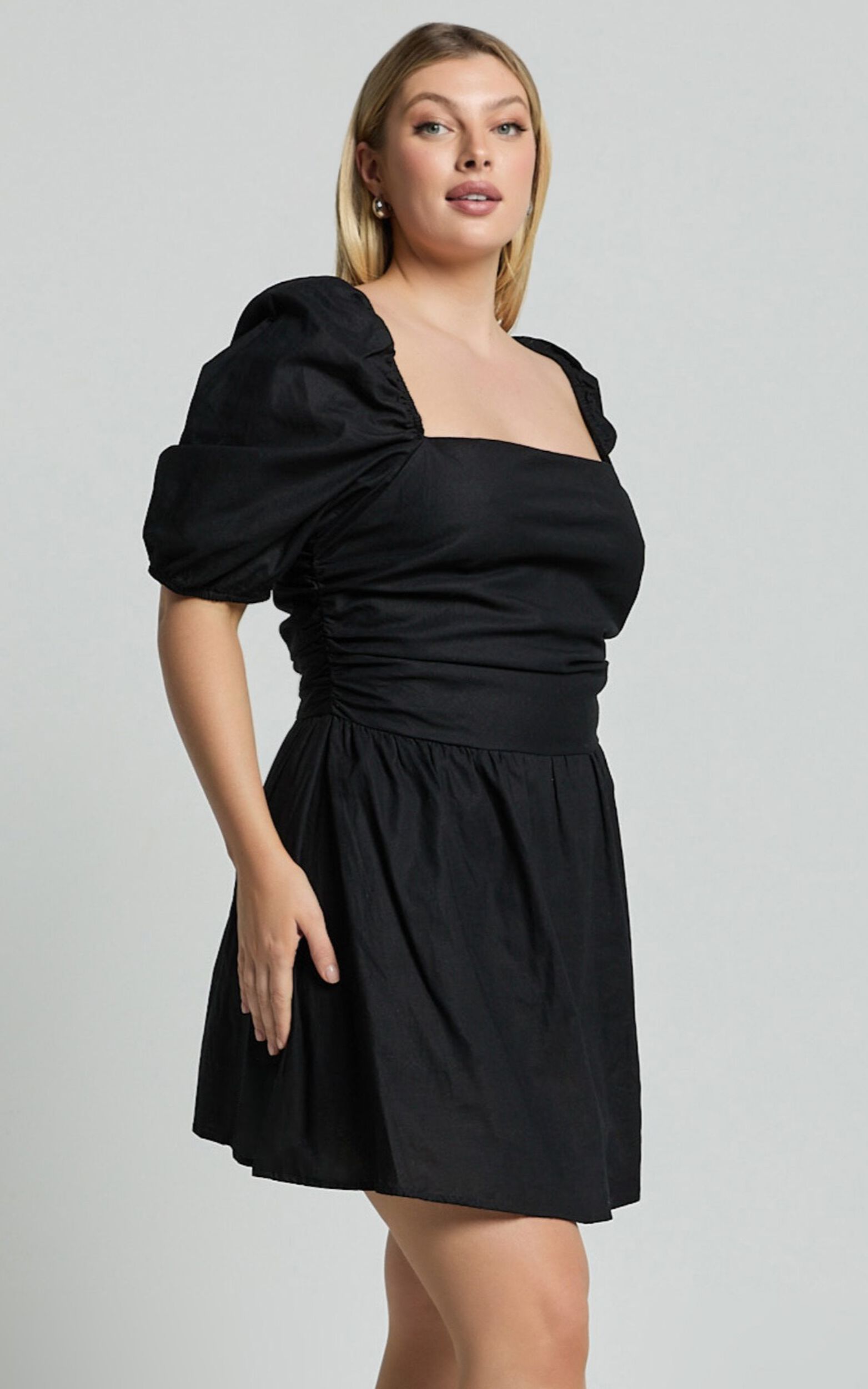 Claudina Mini Dress - Linen Look Puff Sleeve Ruched Bodice Dress in Black