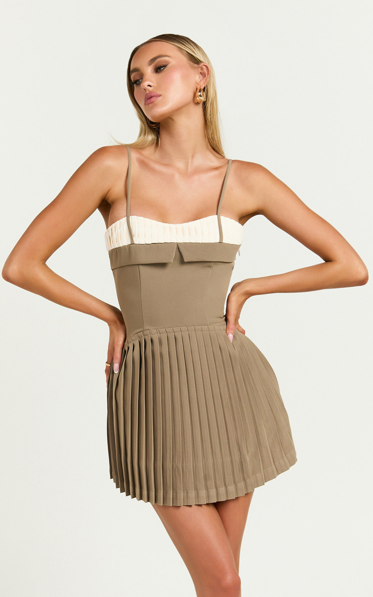 Aaron Mini Dress - Strappy Fit And Flare Pleat Skirt Dress in Light Brown