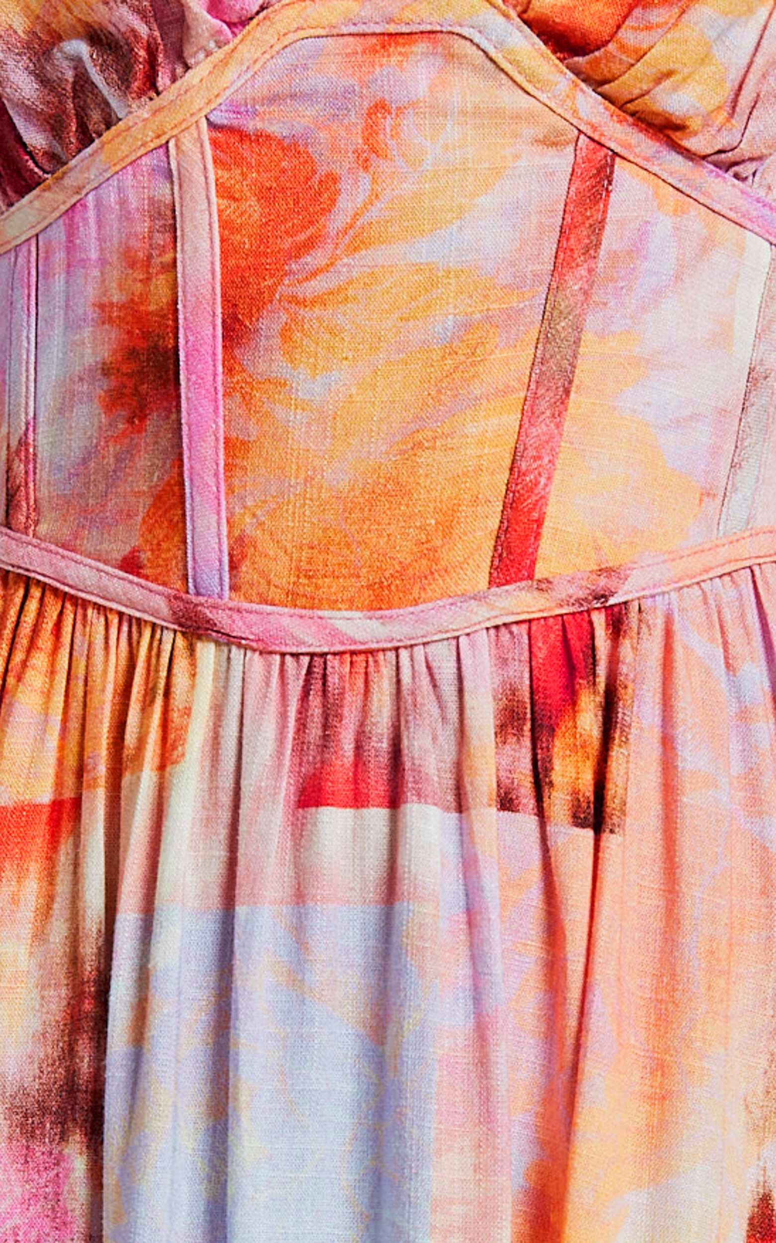 Amalie The Label - Chamika Linen Blend Bustier Double Tie Back Midi Dress in Marsielle Print