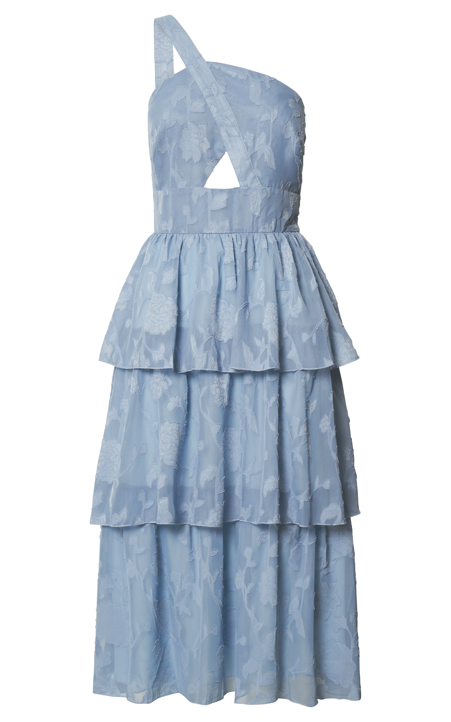Alvinia Midi Dress - One Shoulder Cut Out Tiered Dress in Light Blue