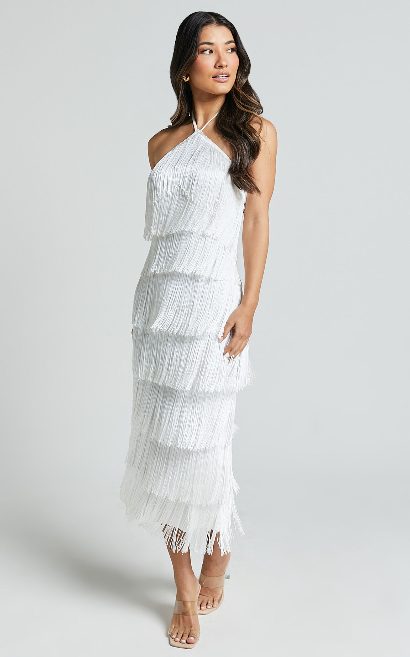 Trixie Maxi Dress - Diamond Halter Neck Fringe Tiered Dress in White