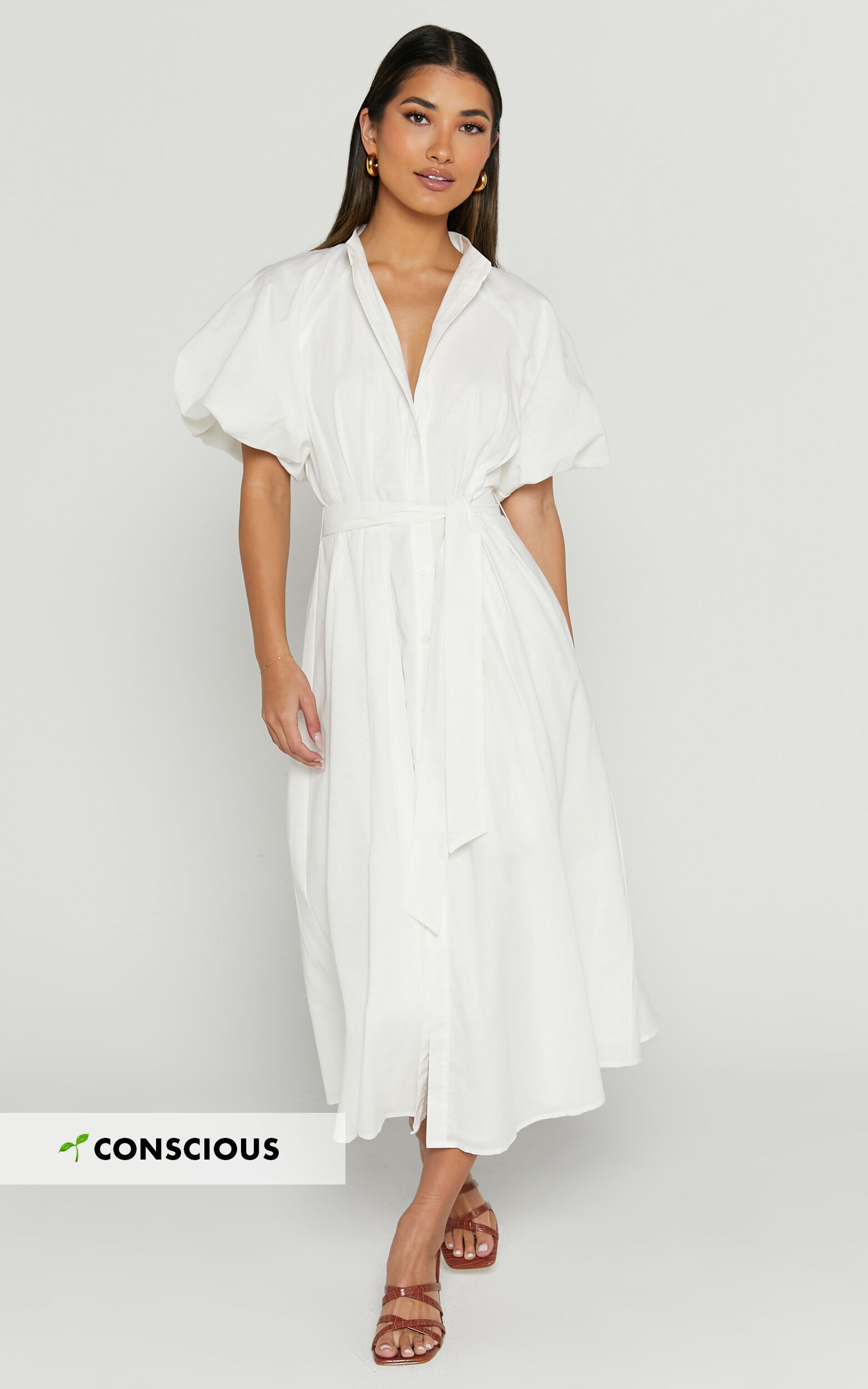 Sabrina Midi Dress - Linen Raglan Sleeve Belted Dress in White