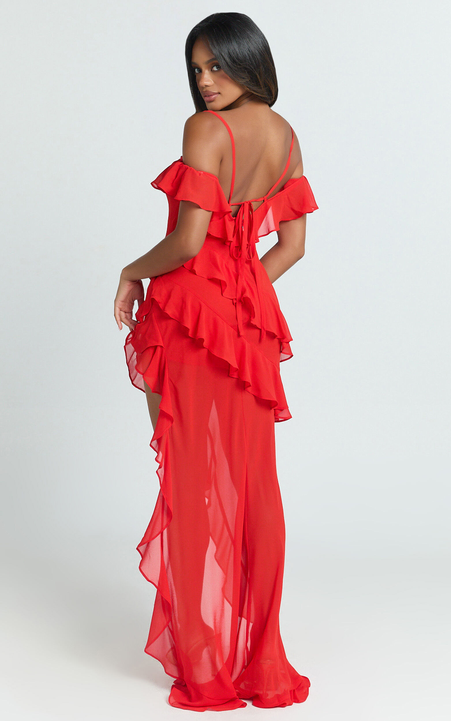 Brigitte Maxi Dress - Halter Off Shoulder Georgette Ruffle Tiered Dress in Red